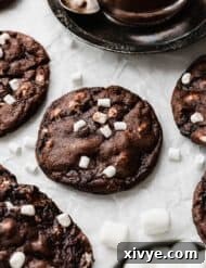 Dehydrated marshmallows on a hot chocolate cookie on a white background.