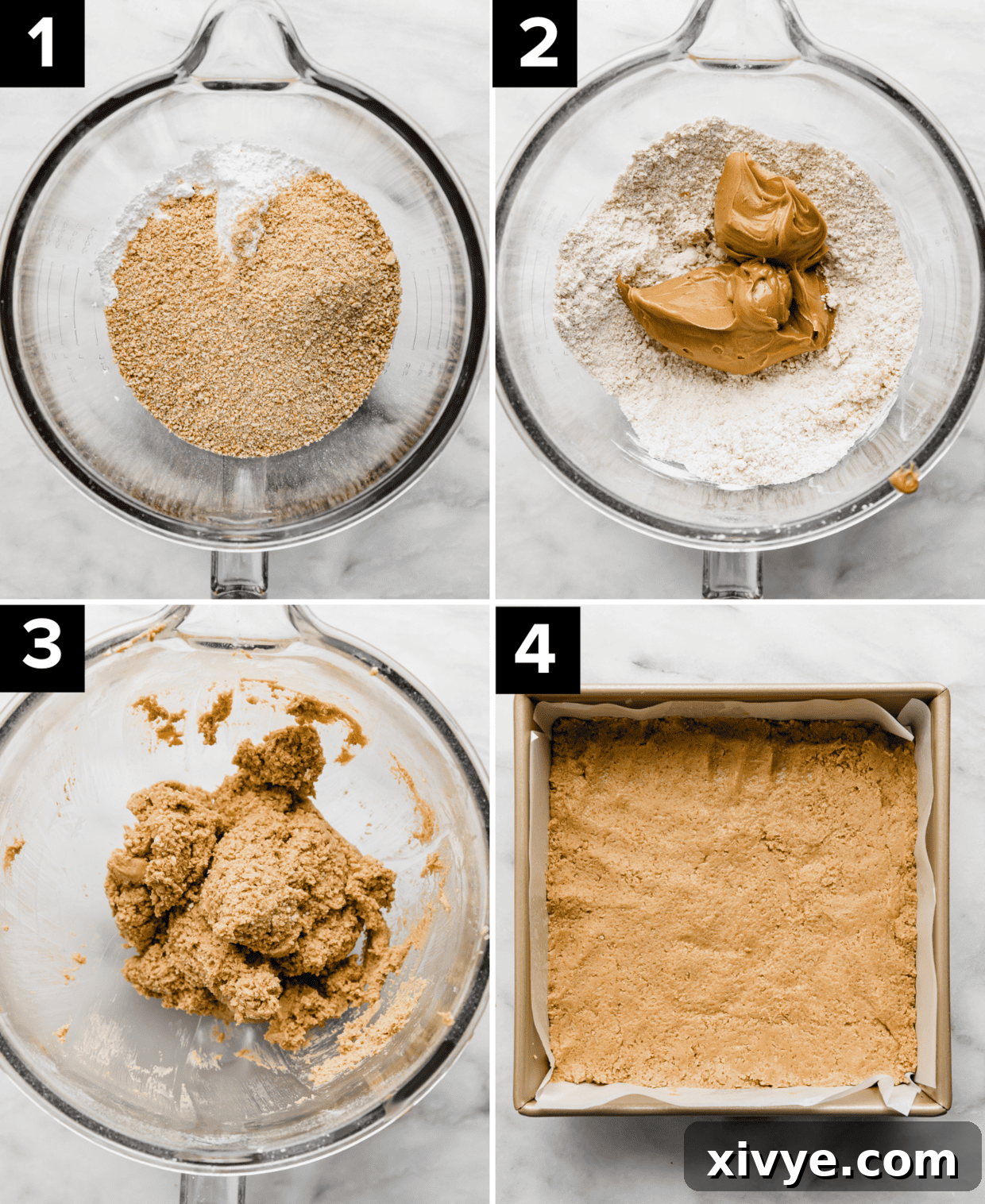 Irresistible Chocolate Peanut Butter Bliss 4 A collage of four images showing the process of making the peanut butter base for no-bake chocolate peanut butter bars, from combining ingredients to pressing it into the pan.