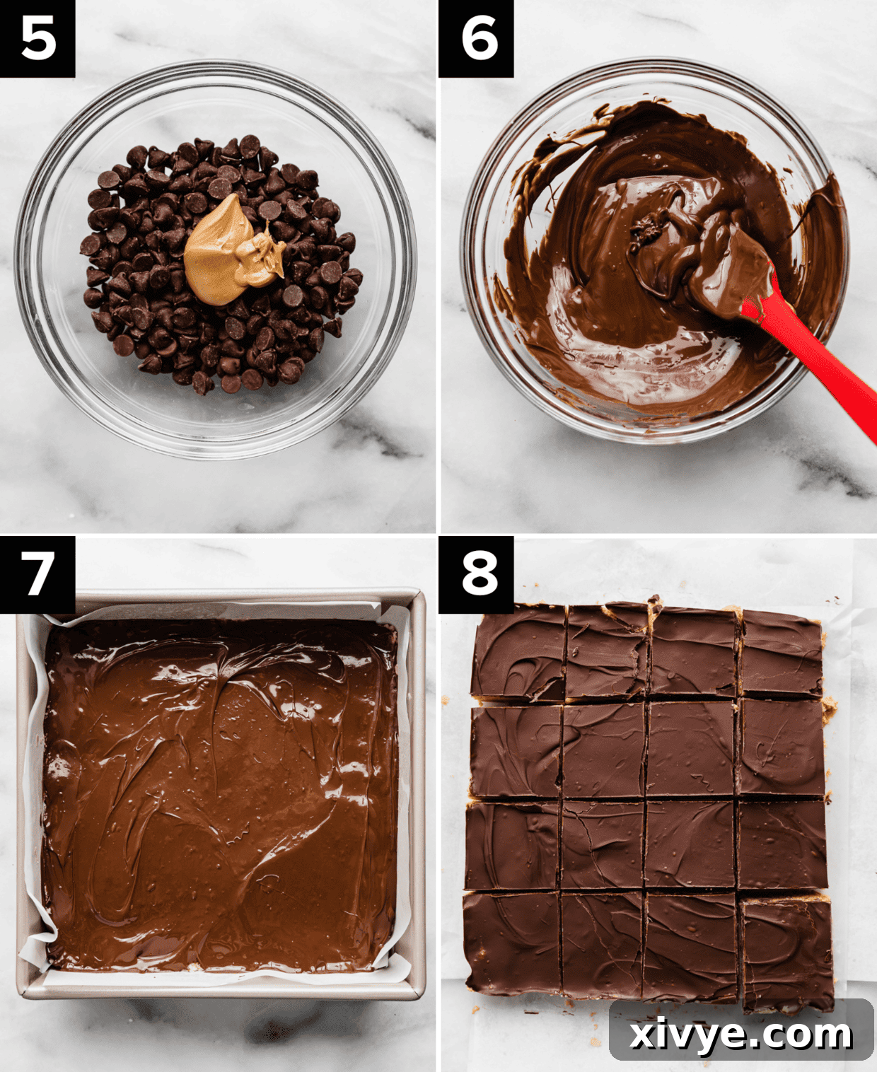 Irresistible Chocolate Peanut Butter Bliss 5 A collage of four images detailing the creation of the chocolate topping for Chocolate Peanut Butter Bars, from melting the chocolate to spreading it over the peanut butter base.