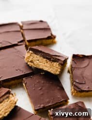 Irresistible Chocolate Peanut Butter Bliss 7 No Bake Chocolate Peanut Butter Bars cut into squares on a white background.