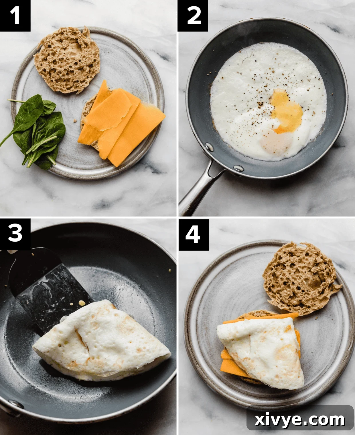 A sequence of four images illustrating the quick and easy preparation of a healthy and satisfying Turkey Breakfast Sandwich.