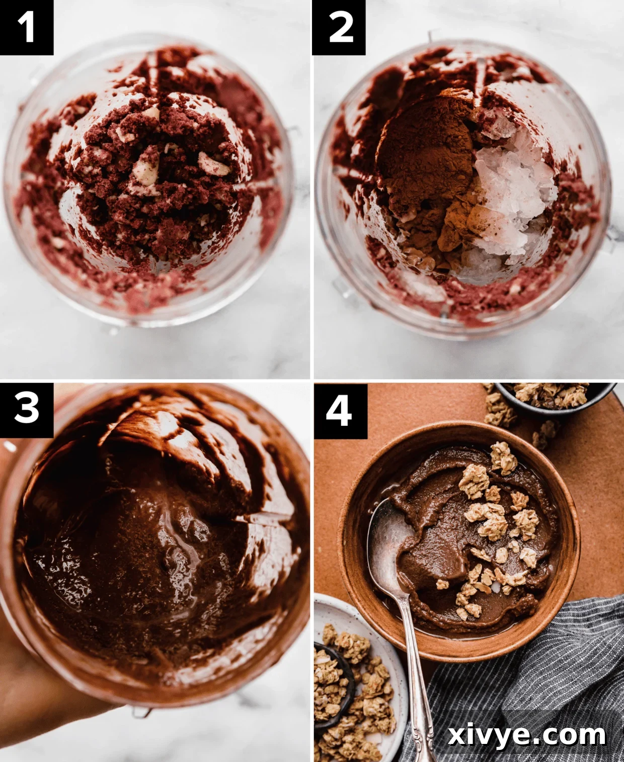 Decadent Chocolate Acai Bliss 4 Four photos showing the making of a chocolate Chocolate Acai smoothie in a blender cup using chocolate protein powder, ice, banana, and Sambazon açaí packet.