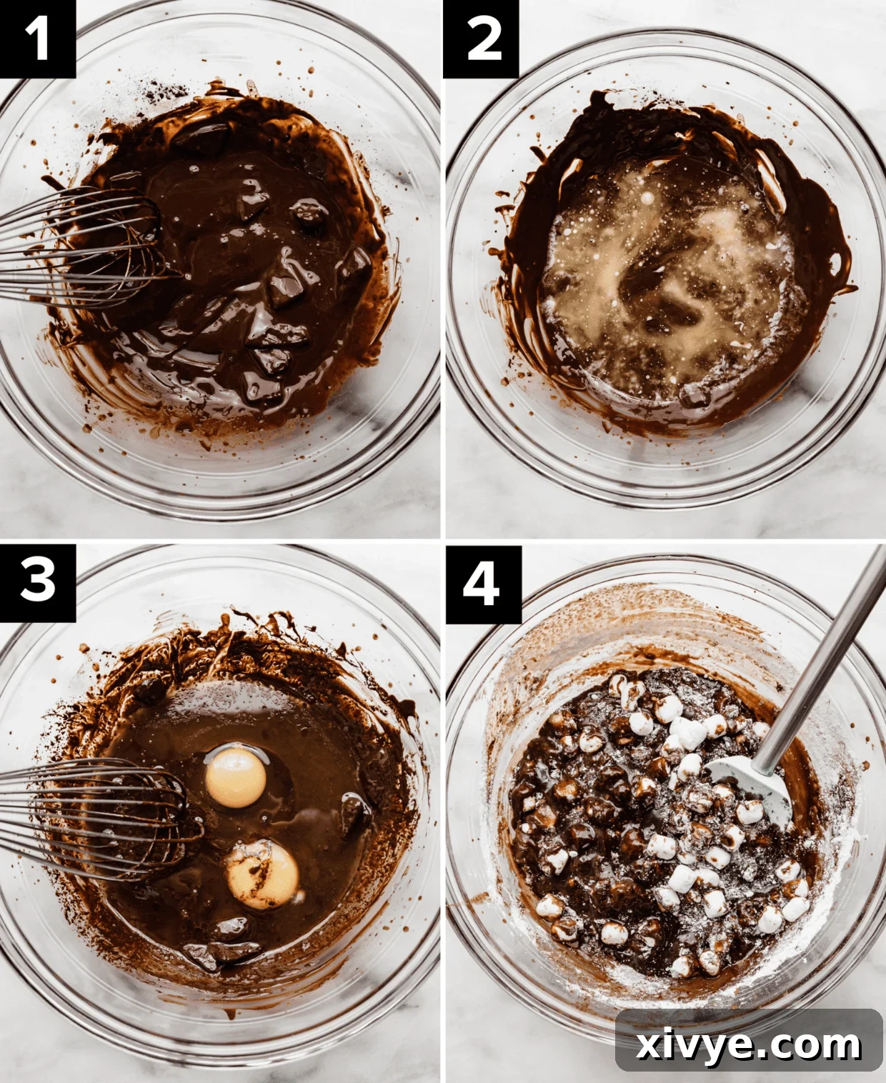Four images showing how to make marshmallow brownie batter with mini marshmallow brownies in the batter.