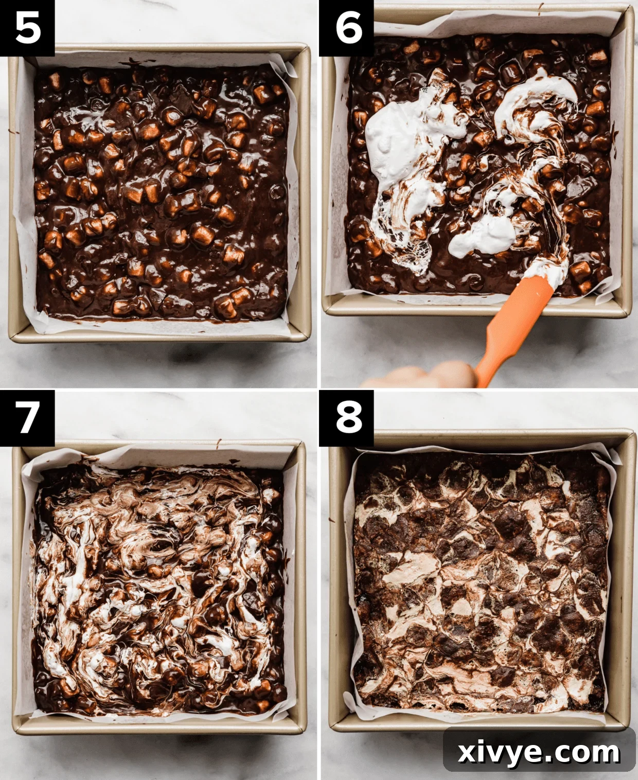 Brownies with marshmallows and marshmallow creme (fluff) that is swirled into the top of the brownies.