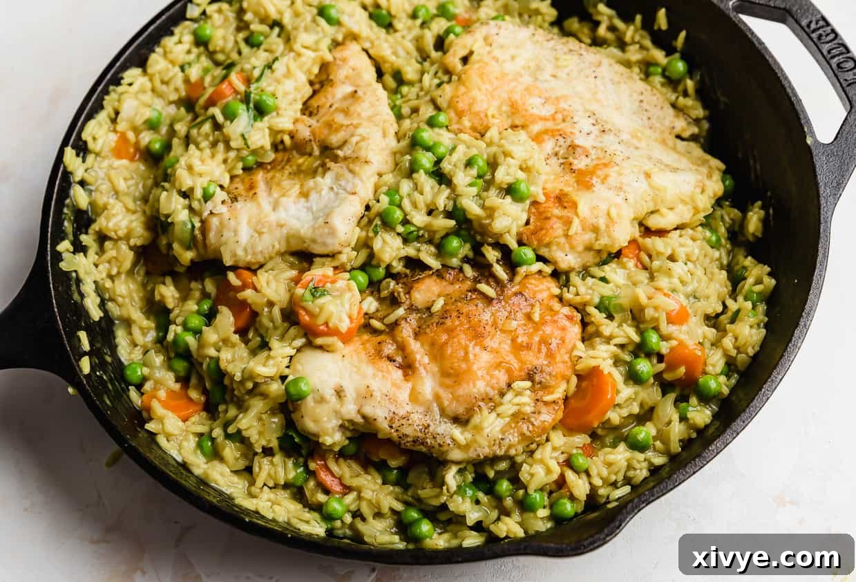 Caribbean Curried Chicken with Coconut Rice and Beans 11 Curry chicken and rice with peas and carrots in a skillet, garnished with fresh cilantro.