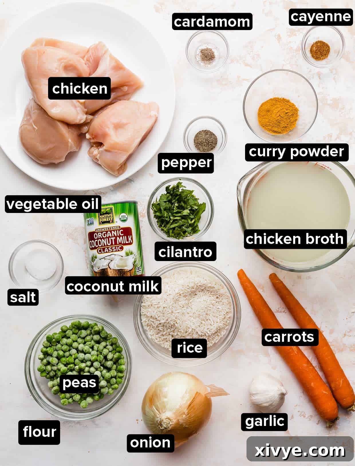 Caribbean Curried Chicken with Coconut Rice and Beans 3 Ingredients for Curry Chicken Rice and Peas and carrots on a white textured background, showcasing fresh and pantry items.