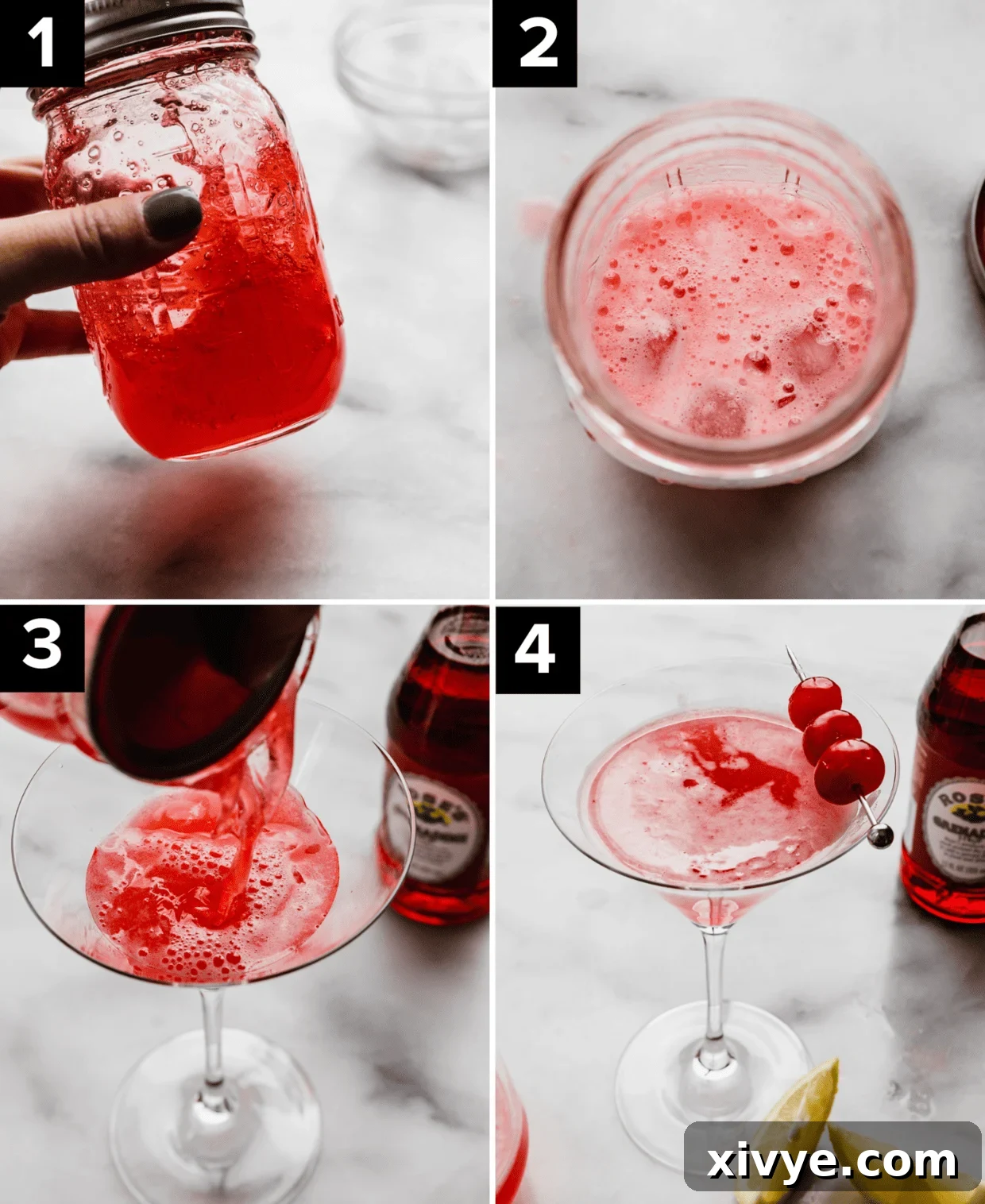 Pink Elegance Sparkler 4 Four photos showing how to make a pink lady mocktail recipe, top left image is a glass mason jar filled with pink mocktail ingredients being shaked, top right is overhead photo of foamy Pink Lady Mocktail in a mason jar, bottom left image is Pink Lady Mocktail being poured into a glass, and bottom right photo is Pink Lady Mocktail in a martini glass.