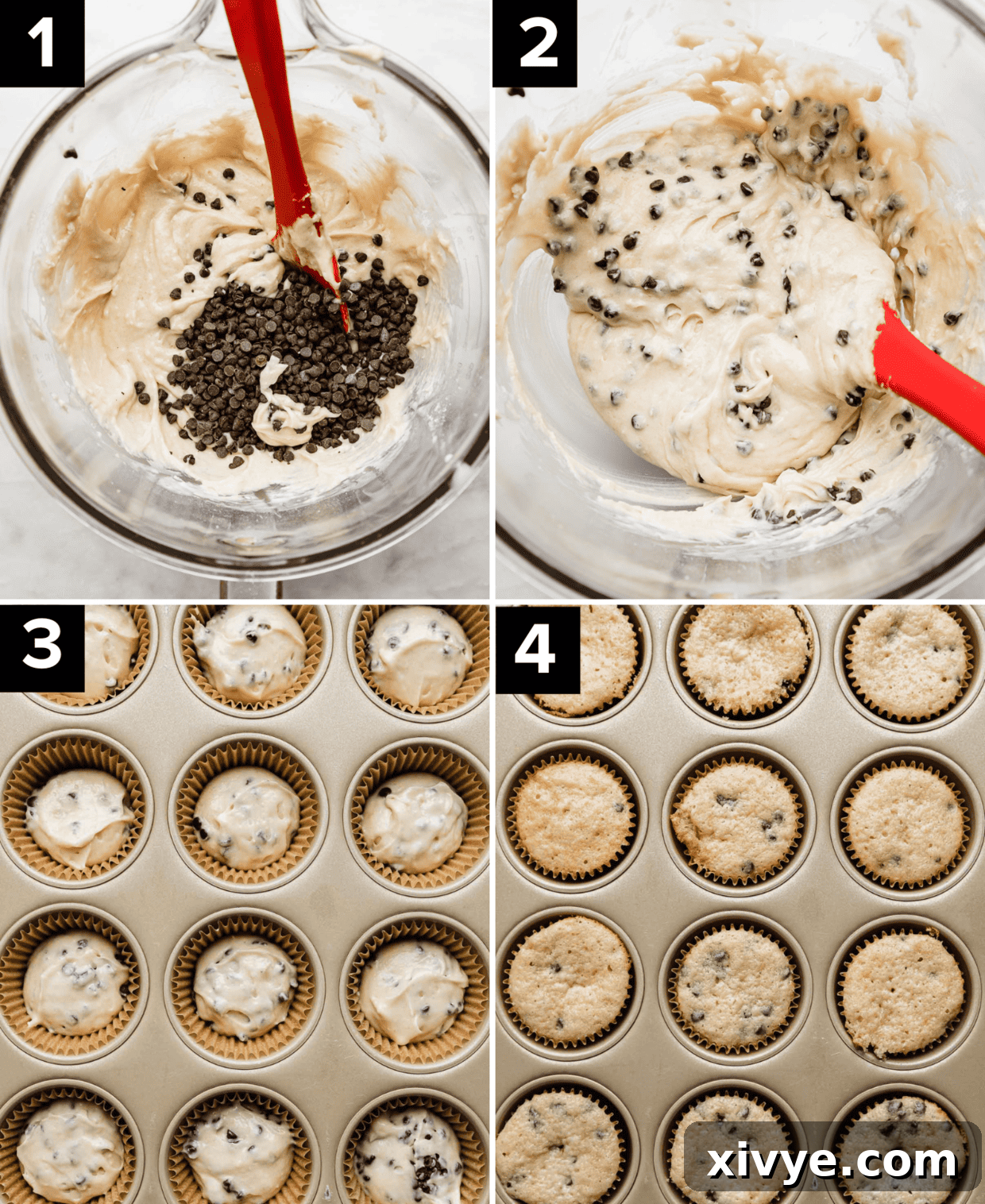 Fluffy Chocolate Chip Dream Cupcakes 4 Four photos showing Chocolate Chip Cupcakes batter in a glass bowl, then cupcake liners filled with the batter and then baked.