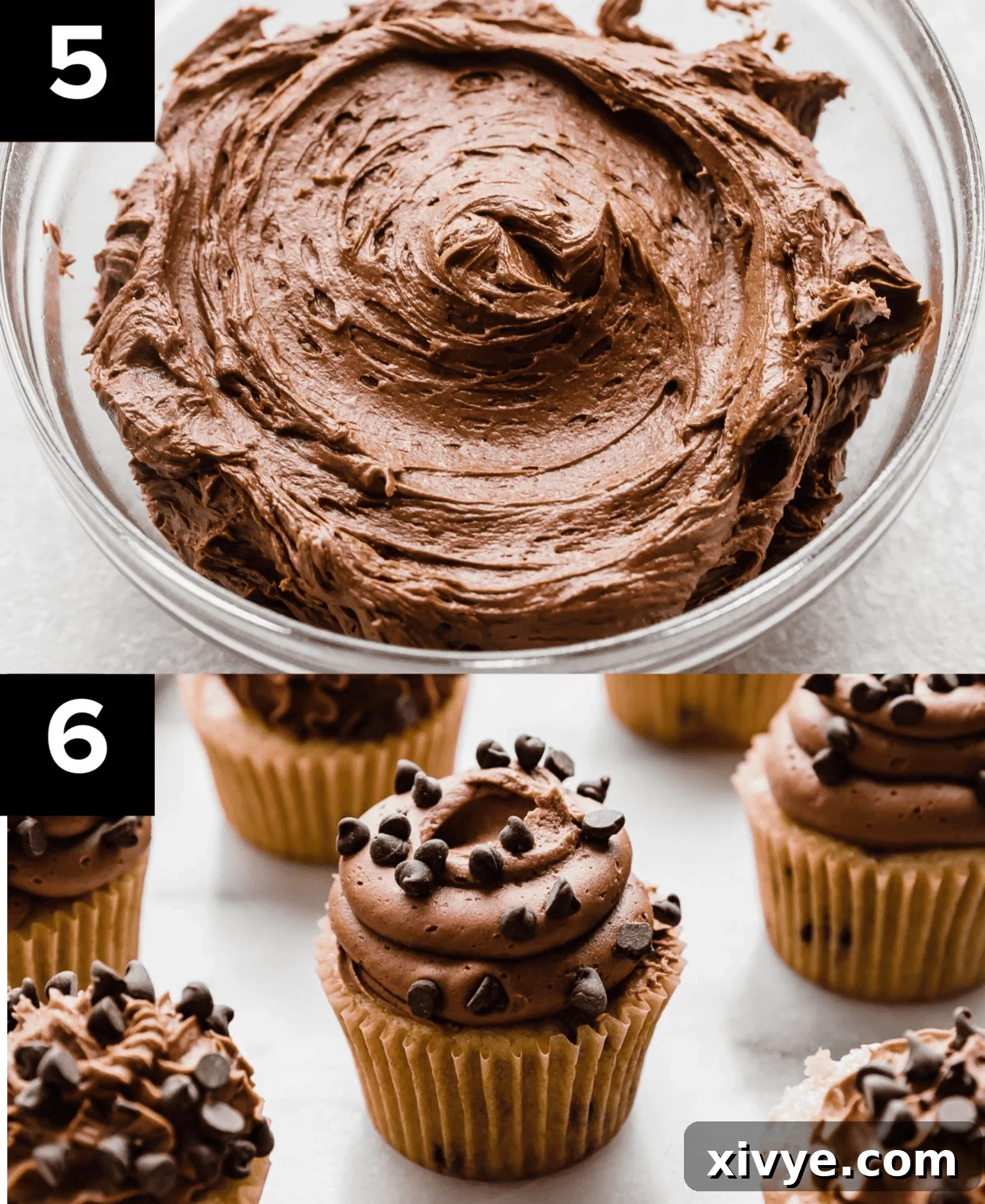 Fluffy Chocolate Chip Dream Cupcakes 5 Two photos, top photo is chocolate buttercream frosting for chocolate chip cupcakes in a glass bowl, bottom photo is chocolate buttercream topped Chocolate Chip Cupcakes on a white background.
