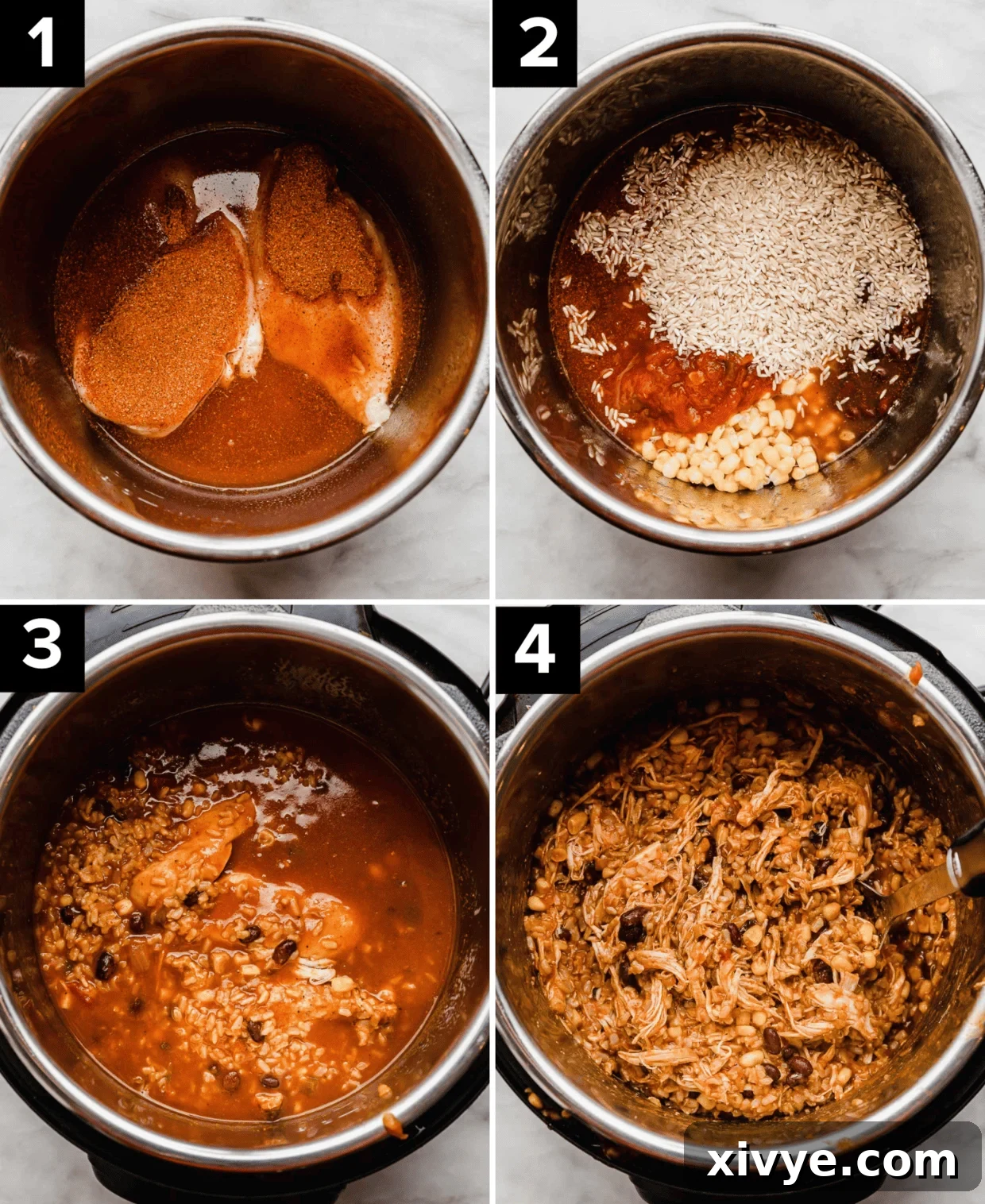 Four images showing an instant pot with chicken, and rice, beans, and other ingredients for making Instant Pot Chicken Taco Bowls, with ingredients added progressively, illustrating the layering method.