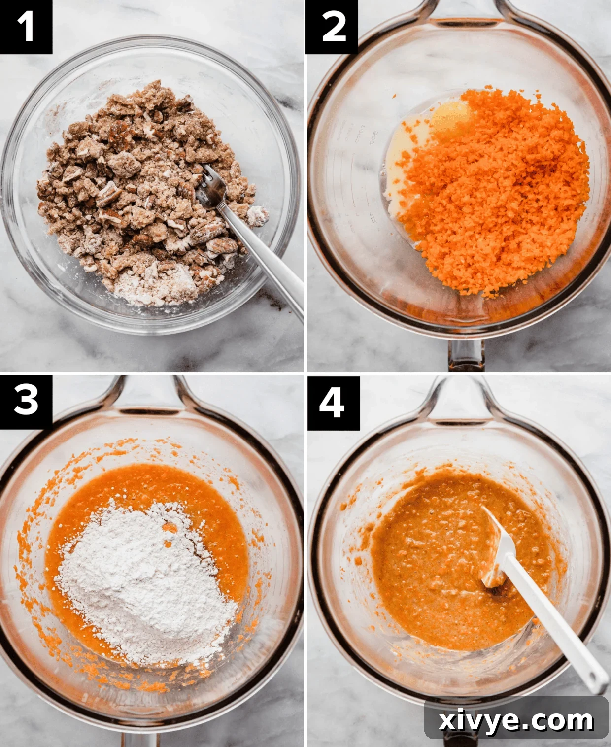 Spiced Carrot Crumb Cake 5 Four images showing the process of making an orange Carrot Coffee Cake batter in a glass bowl on a white background.