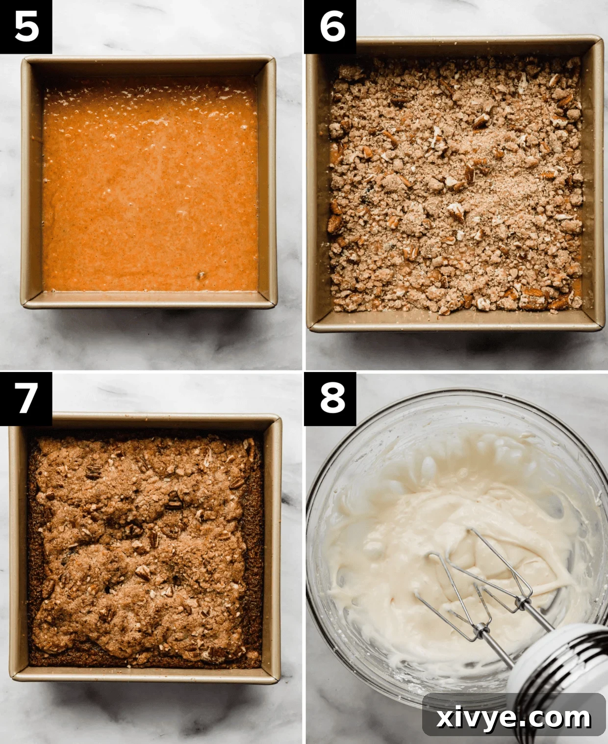 Spiced Carrot Crumb Cake 6 Four images showing unbaked carrot coffee cake in a square pan, then topped with streusel, then baked, and a glass bowl with cream cheese glaze.