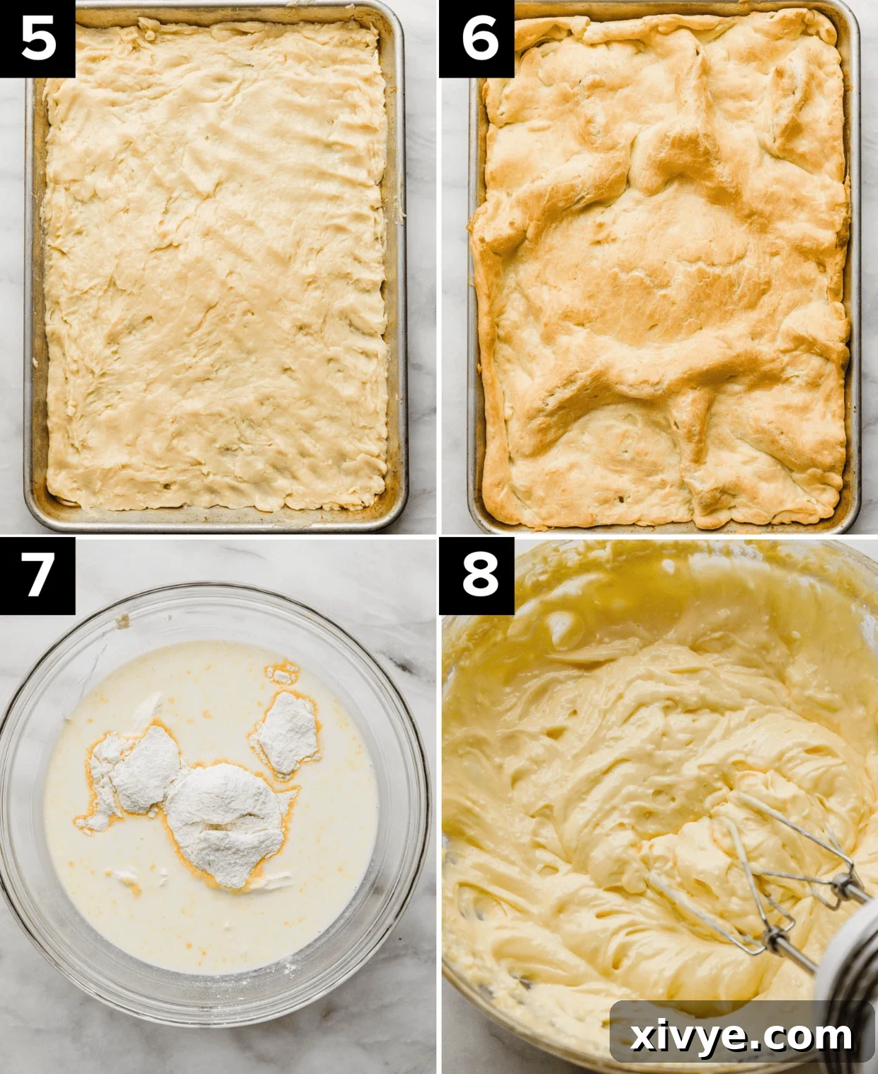 Four photos top left is cream puff batter in a jelly roll pan, top right photo is baked cream puff cake baked in a pan, bottom left is milk and instant vanilla pudding mixture in a bowl, bottom right is instant vanilla pudding and cream cheese mixture in a glass bowl.