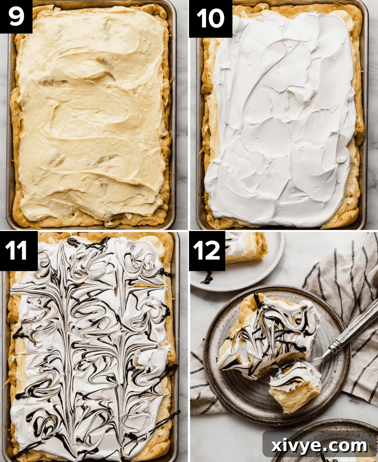 A sheet pan cream puff case topped with a cream cheese vanilla pudding, then whipped topping, and then swirled with chocolate syrup.