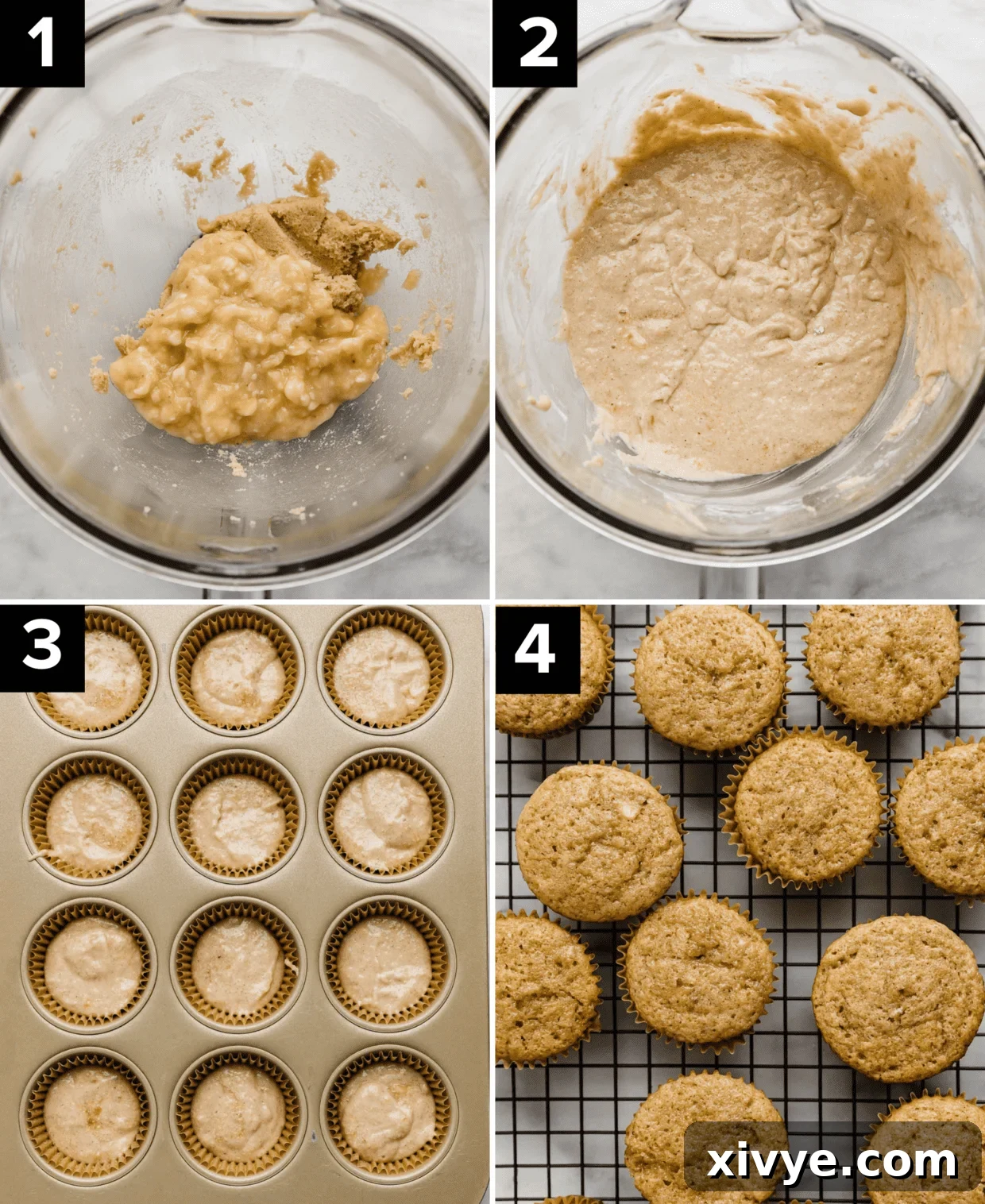 Delicious Homemade Banana Cupcakes 4 A sequence of four images illustrating the process of making banana cupcake batter in a clear glass bowl, transitioning to the batter neatly placed in cupcake liners, and finally showcasing the perfectly baked and golden cupcakes.
