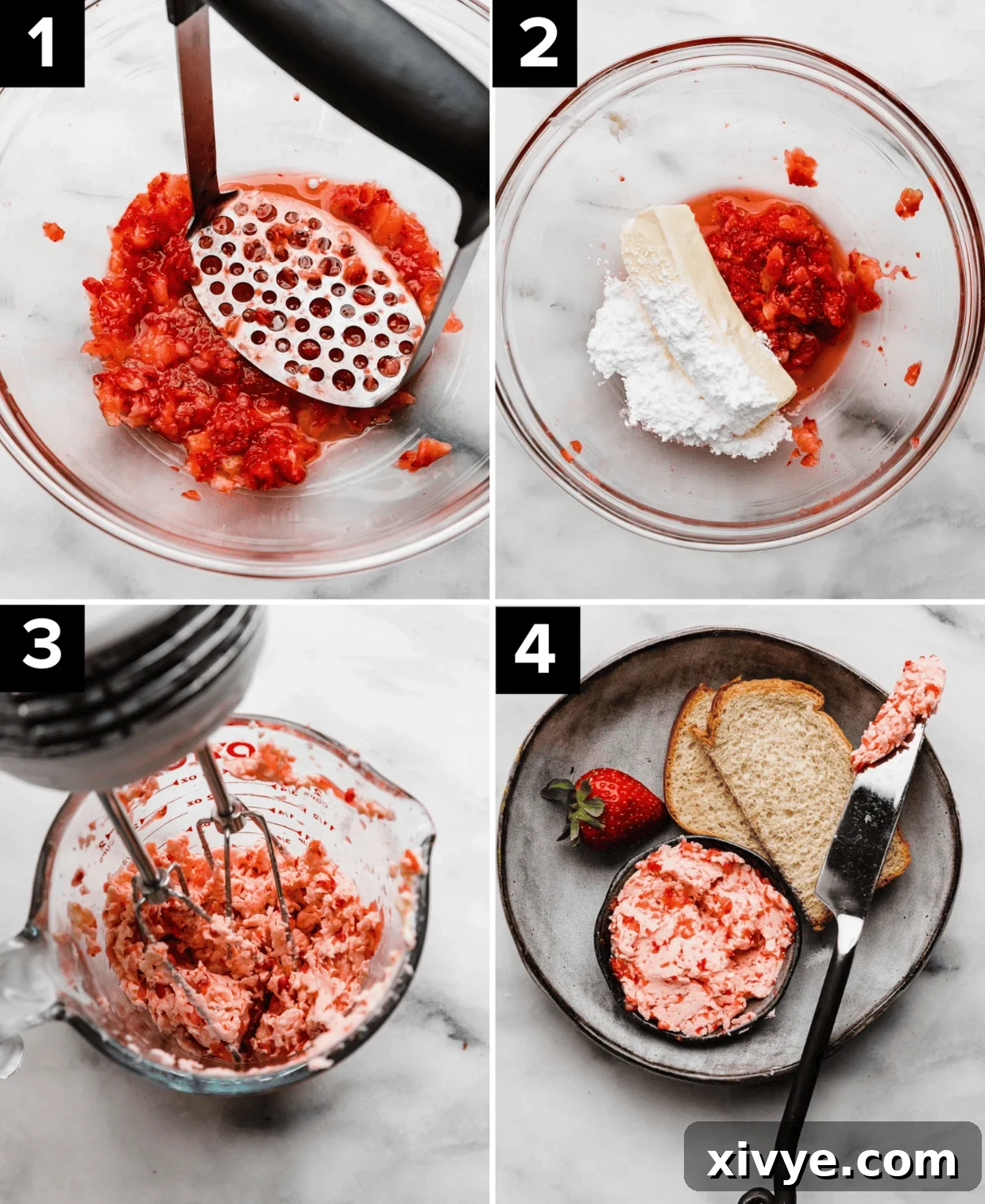 Four photos showing how to make fresh Strawberry Butter using 3 ingredients: top left image is mashed strawberries in a glass bowl, top right is butter, mashed berries, and powdered sugar in a glass bowl, bottom left image is strawberry butter being mixed by hand beaters, bottom right image is Strawberry Butter in a black bowl.