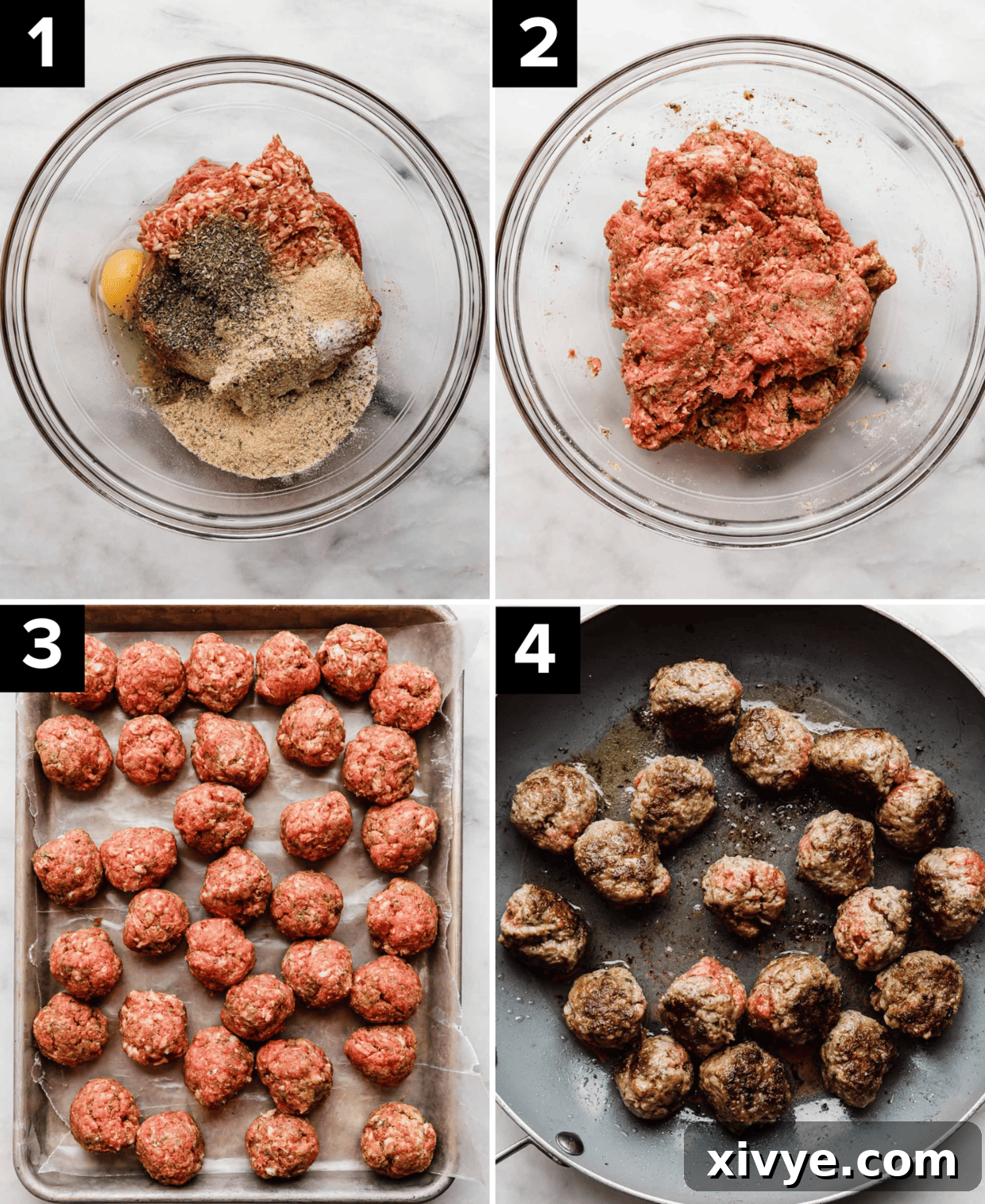 Saucy Italian Meatball Heroes 4 Four photos showing the making of Italian meatballs in a glass bowl, then seasonings added, then rolled into meatballs, and then the meatballs in a skillet being browned.