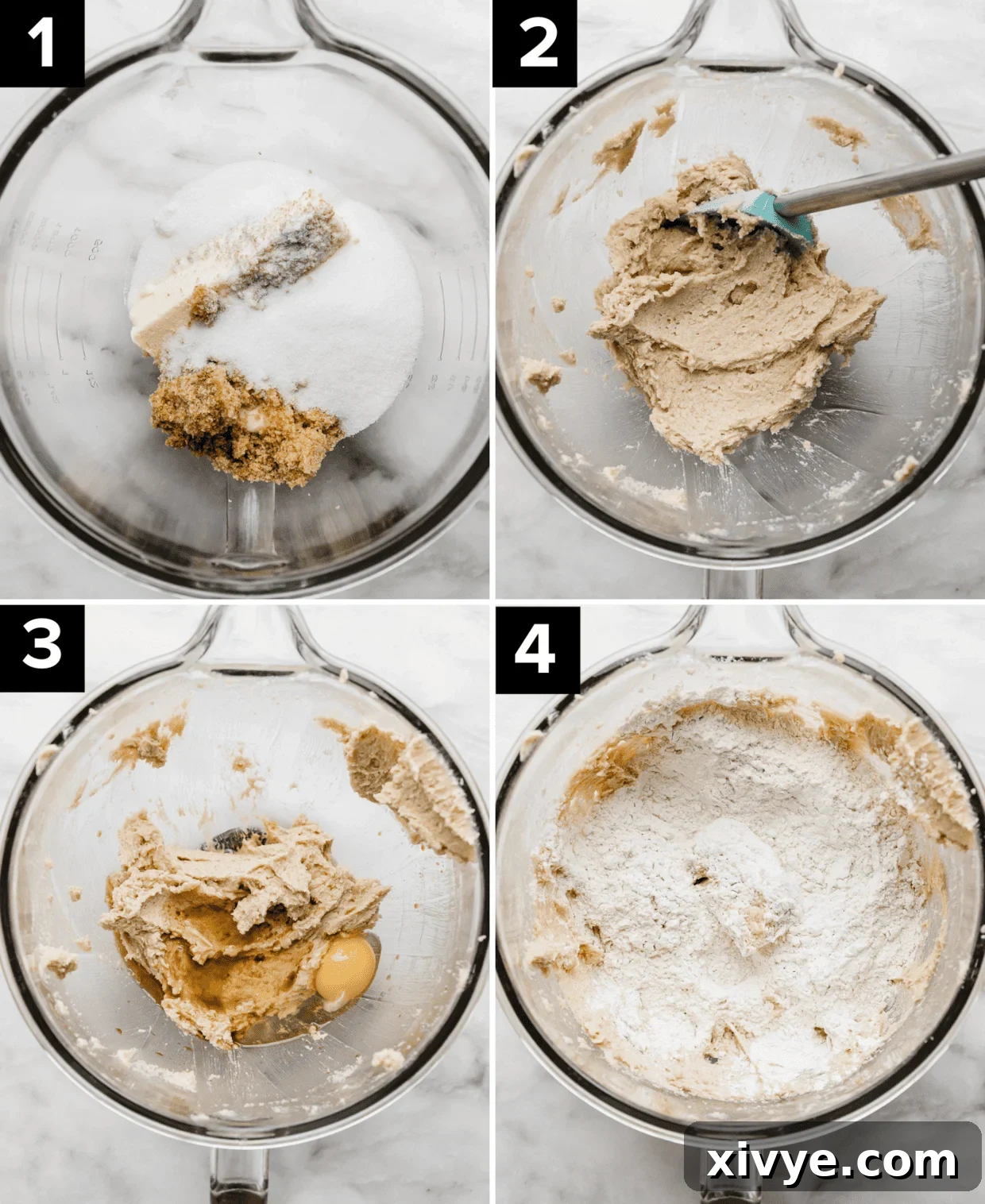 Four photos showing how to make the best toll house chocolate chips cookies with Nestle chocolate chips.