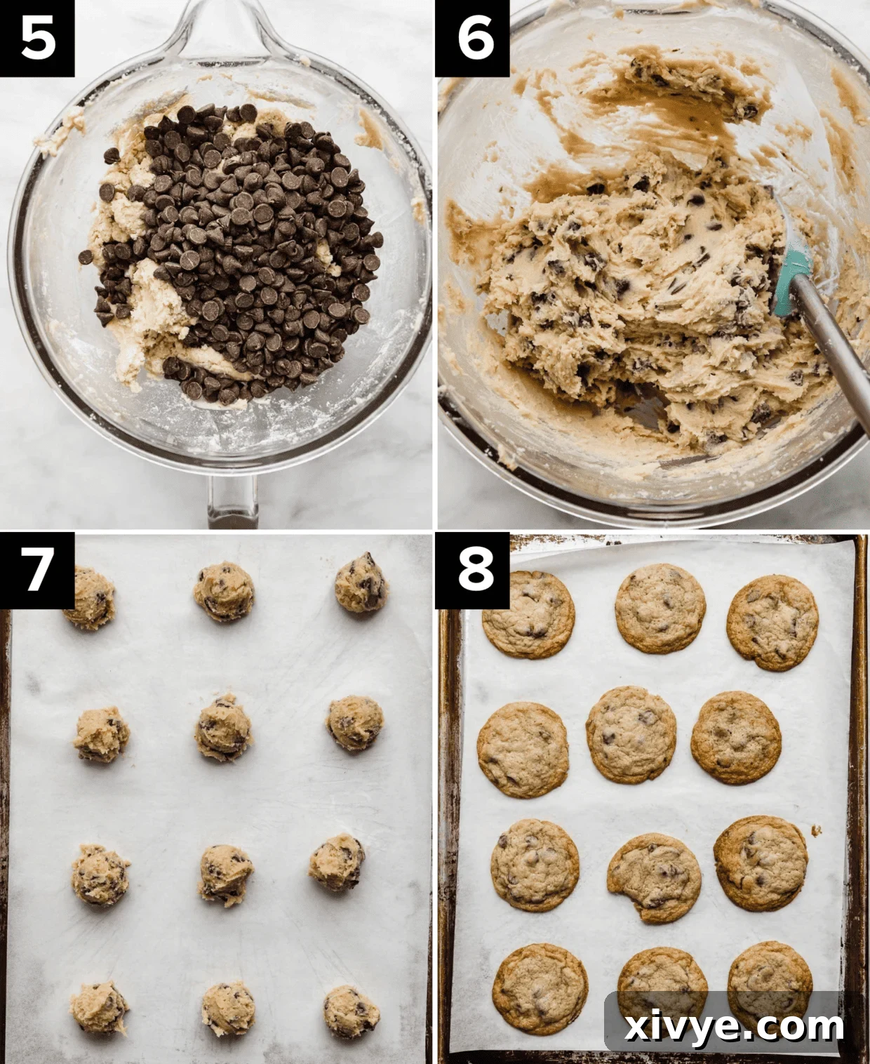 Nestle Toll House Chocolate Chip Cookie dough in a glass bowl, then portioned into balls on a baking sheet, and another photo showing the cookies baked on a baking sheet.