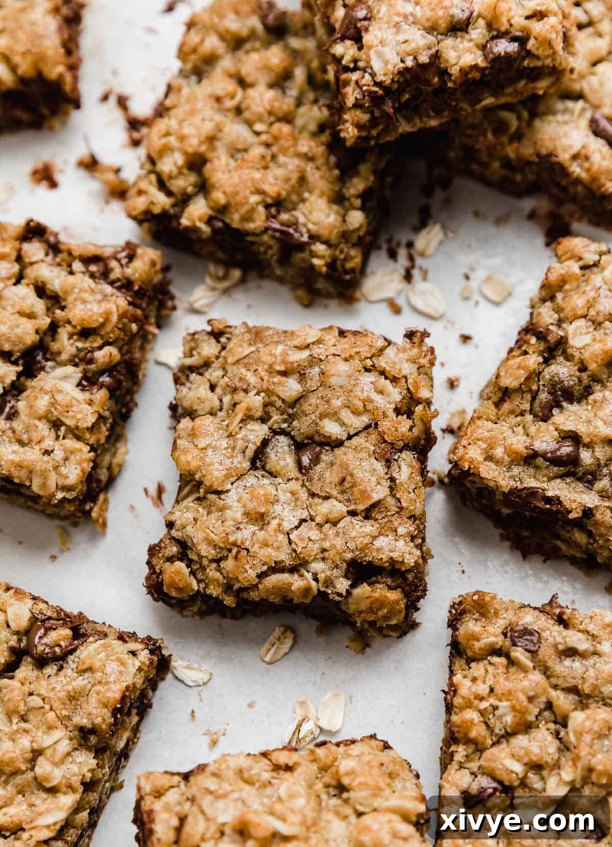 Delicious brown butter oatmeal cookie bars with chocolate chips, perfectly cut into squares and arranged on a pristine white background.