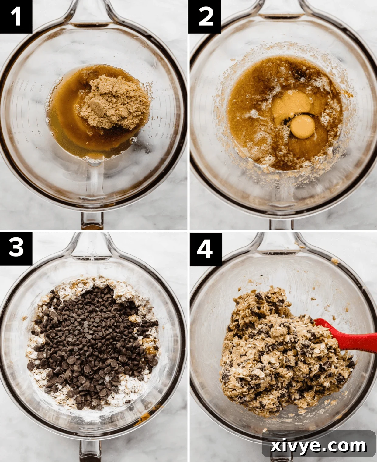 A series of four images illustrating the methodical process of crafting brown butter chocolate chip oatmeal cookie bars, all captured in a glass mixing bowl against a white backdrop.