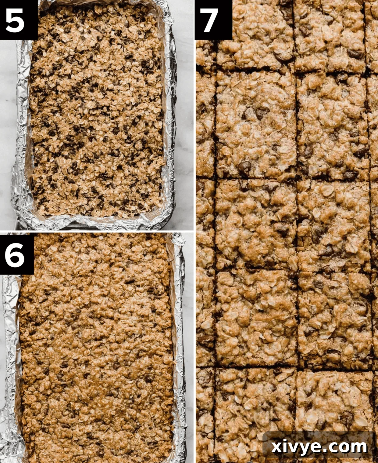 A three-panel image showing oatmeal chocolate chip cookie bar dough in a rectangular baking dish, followed by the baked bars, and finally the oatmeal cookie bars perfectly cut into squares, ready to enjoy.