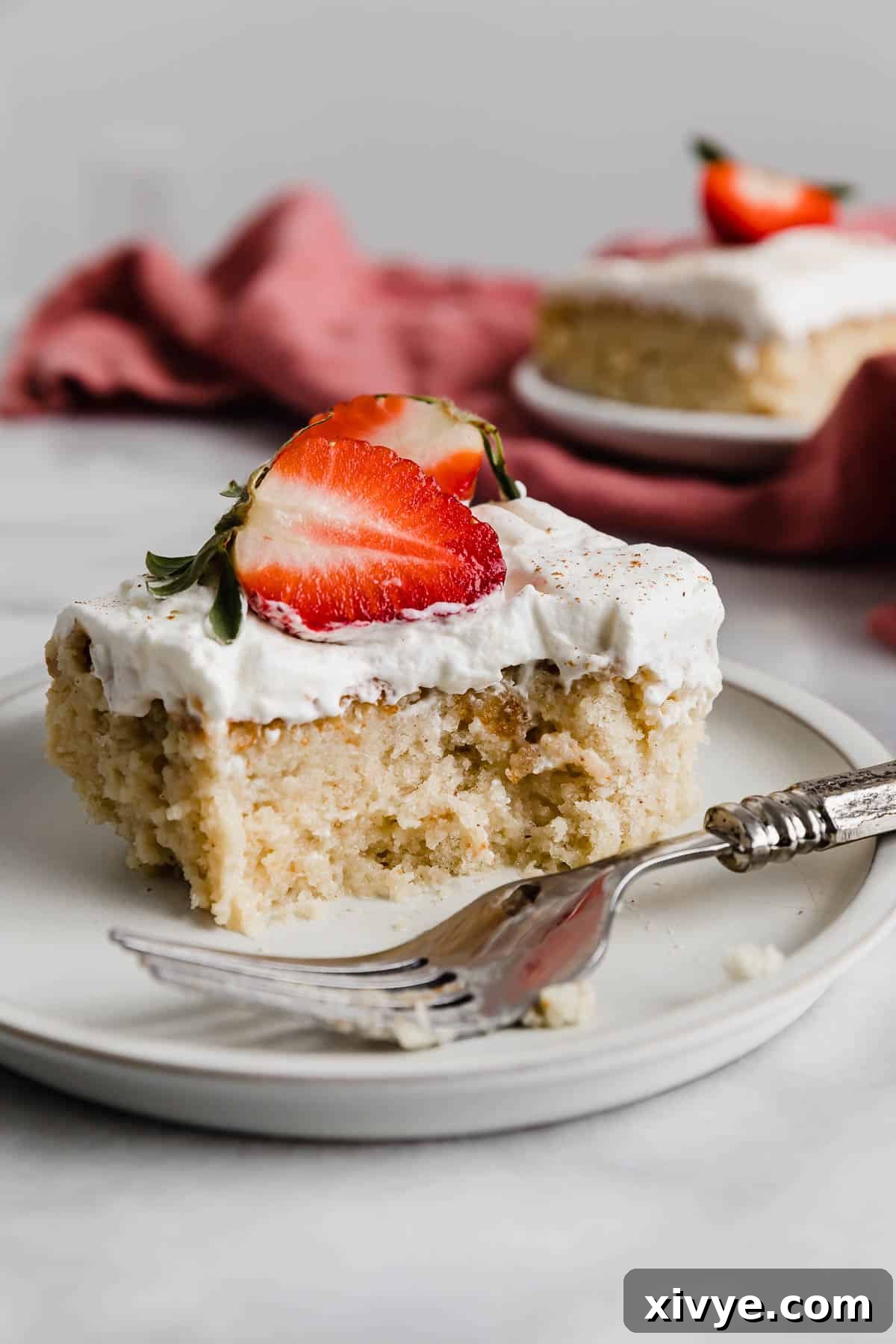 An authentic Mexican Tres Leches Cake slice on a white plate, topped with a slice of fresh strawberries, with a bite taken out of the tres leches cake. 