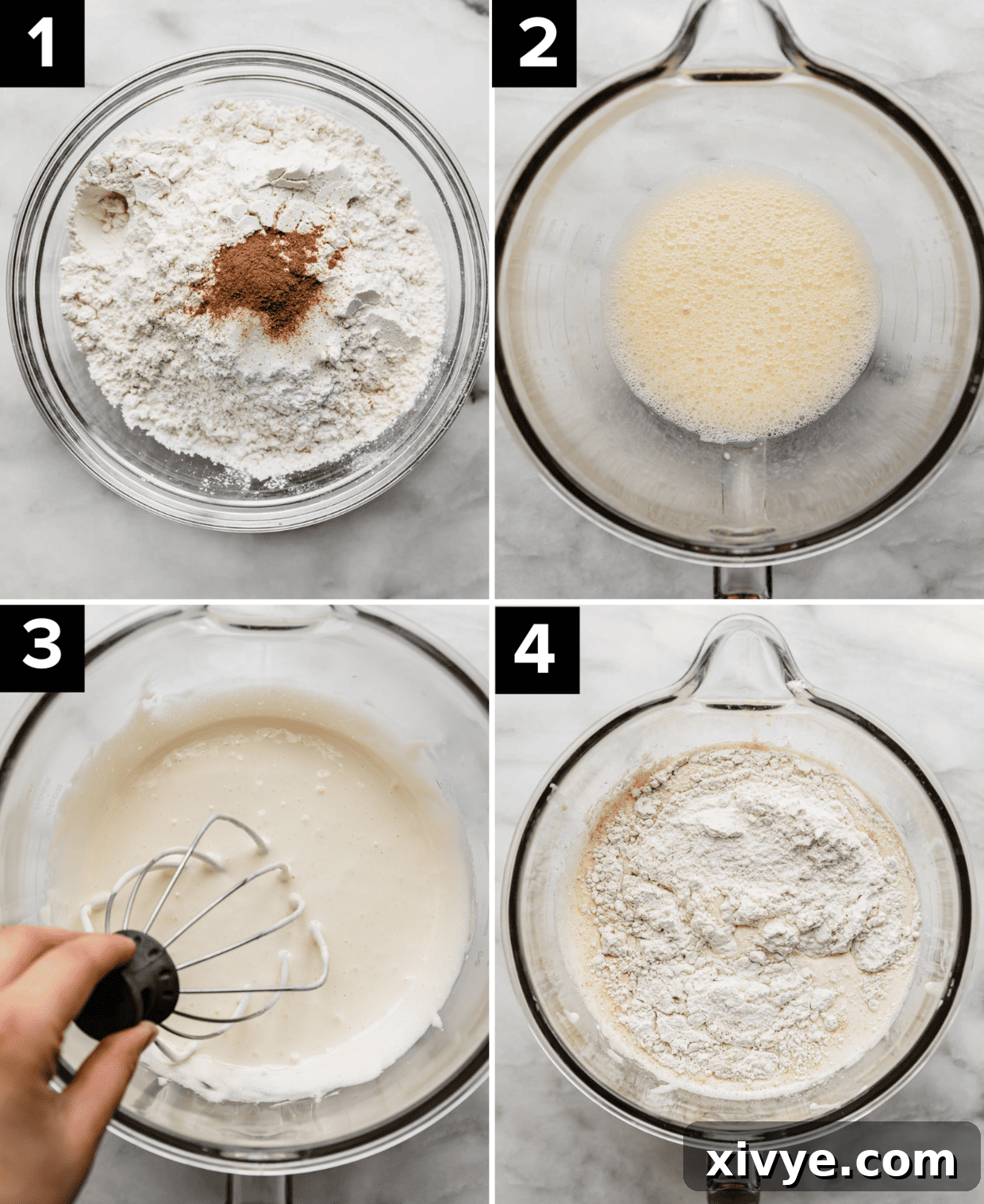 Heavenly Mexican Tres Leches Cake 6 Four photos showing the making of authentic tres leches cake batter with cinnamon in a glass bowl.