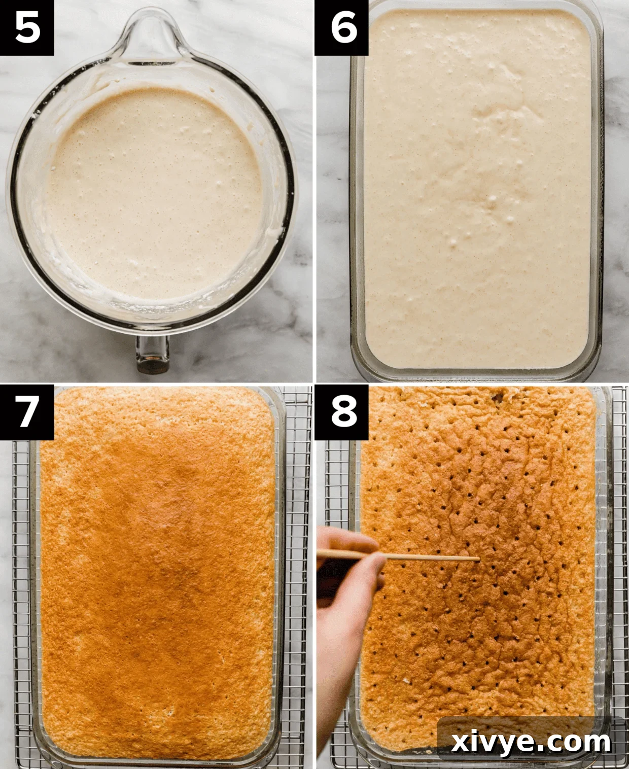 Heavenly Mexican Tres Leches Cake 7 Four photos showing the best Tres Leches Cake batter in a glass bowl, then it in a baking dish, and then baked, and a skewer poking holes around the entire cake.