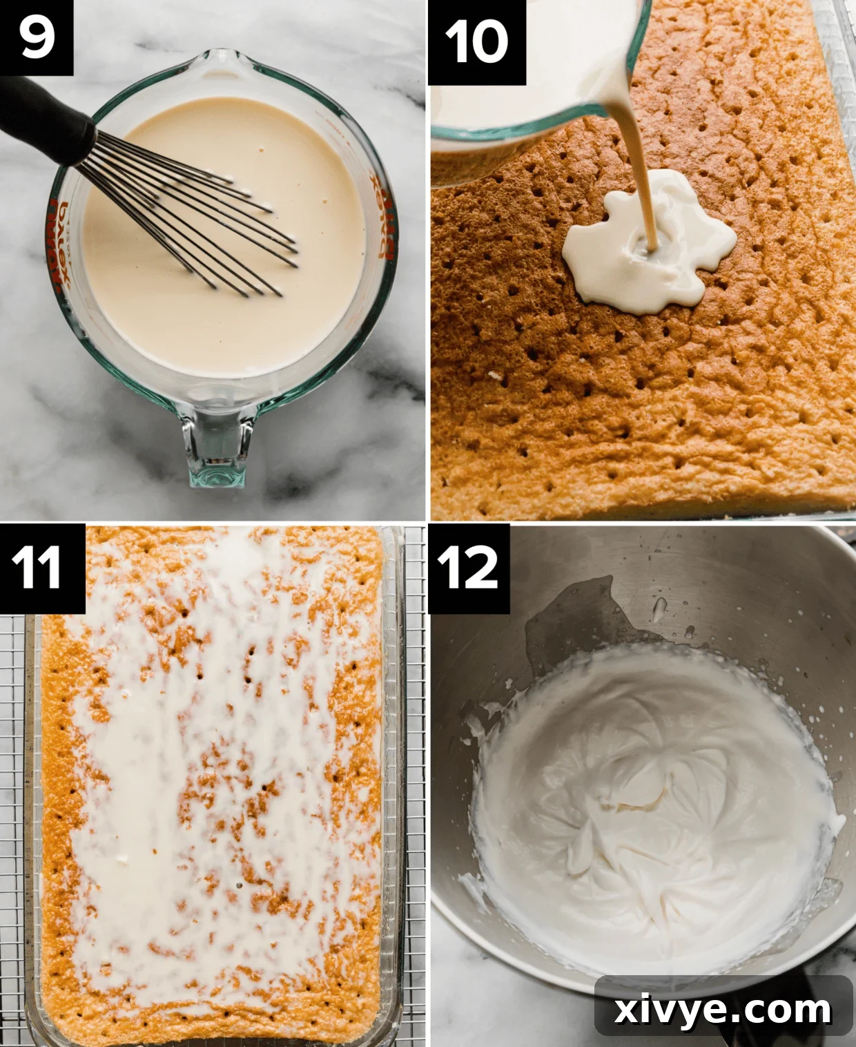 Heavenly Mexican Tres Leches Cake 8 How to make an authentic Mexican tres leches cake, four photos, top left is a three milk mixture in glass cup, top right is a milk mixture being poured over the milk cake, bottom left photo is the cake soaking up the milk mixture, bottom right is whipped cream in a metal bowl.