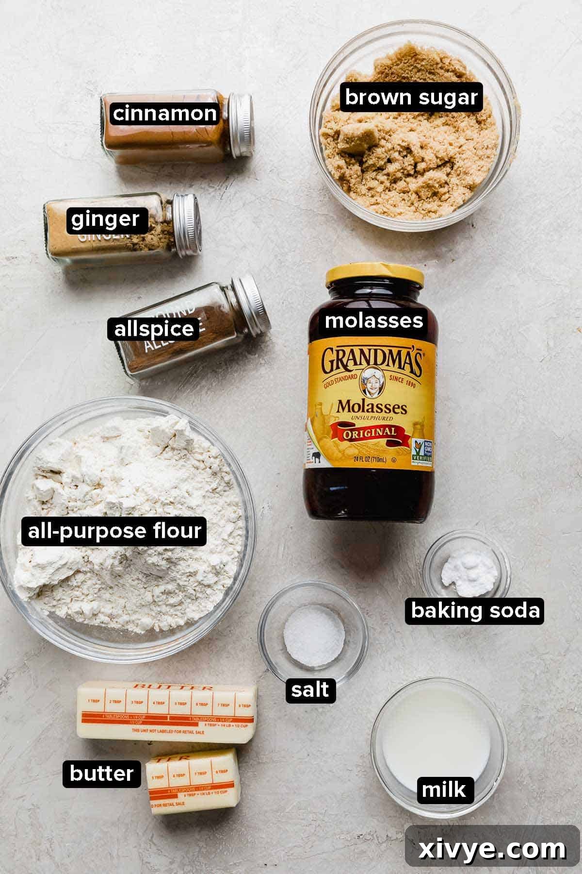 Soft Gingerbread Cookie ingredients on a light gray background.