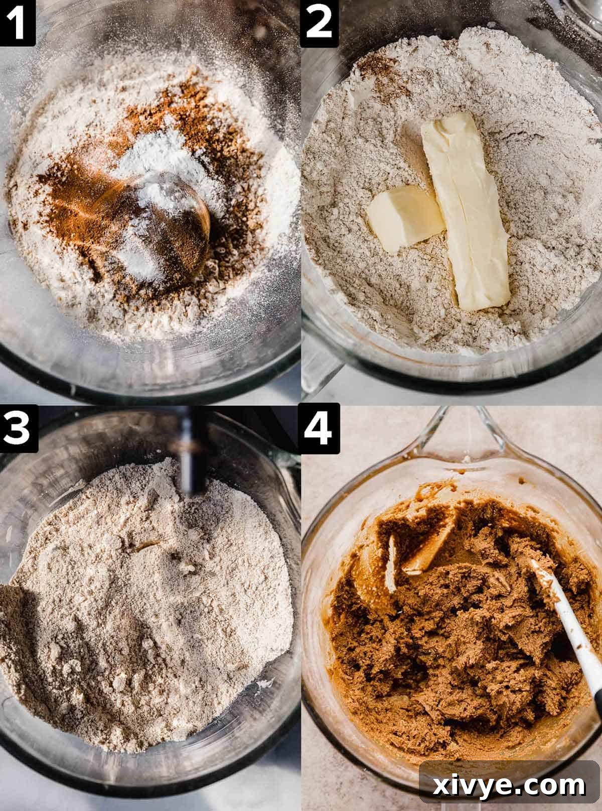 Four photos showing the process of how to make gingerbread man cookie dough.