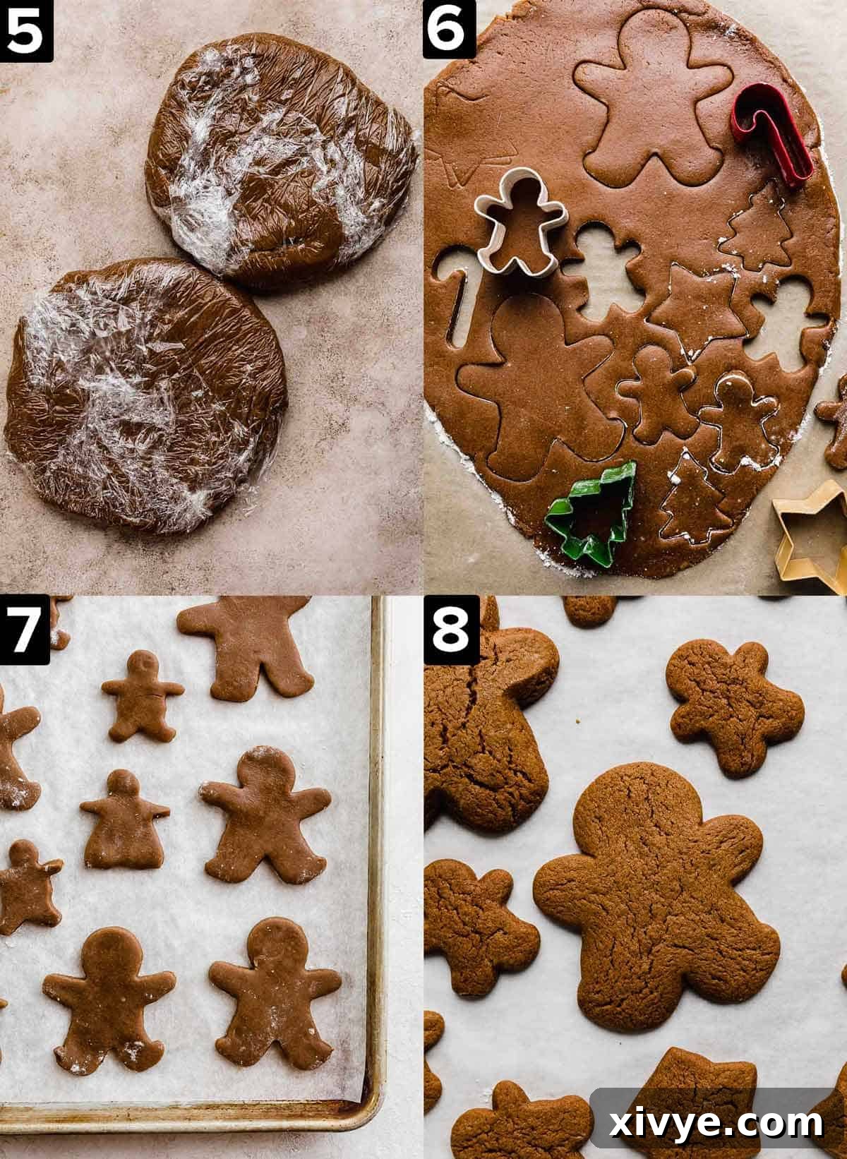 Four images showing gingerbread cookie dough rolled and cut into gingerbread man shapes, then with the unbaked and baked cookies on a baking sheet.