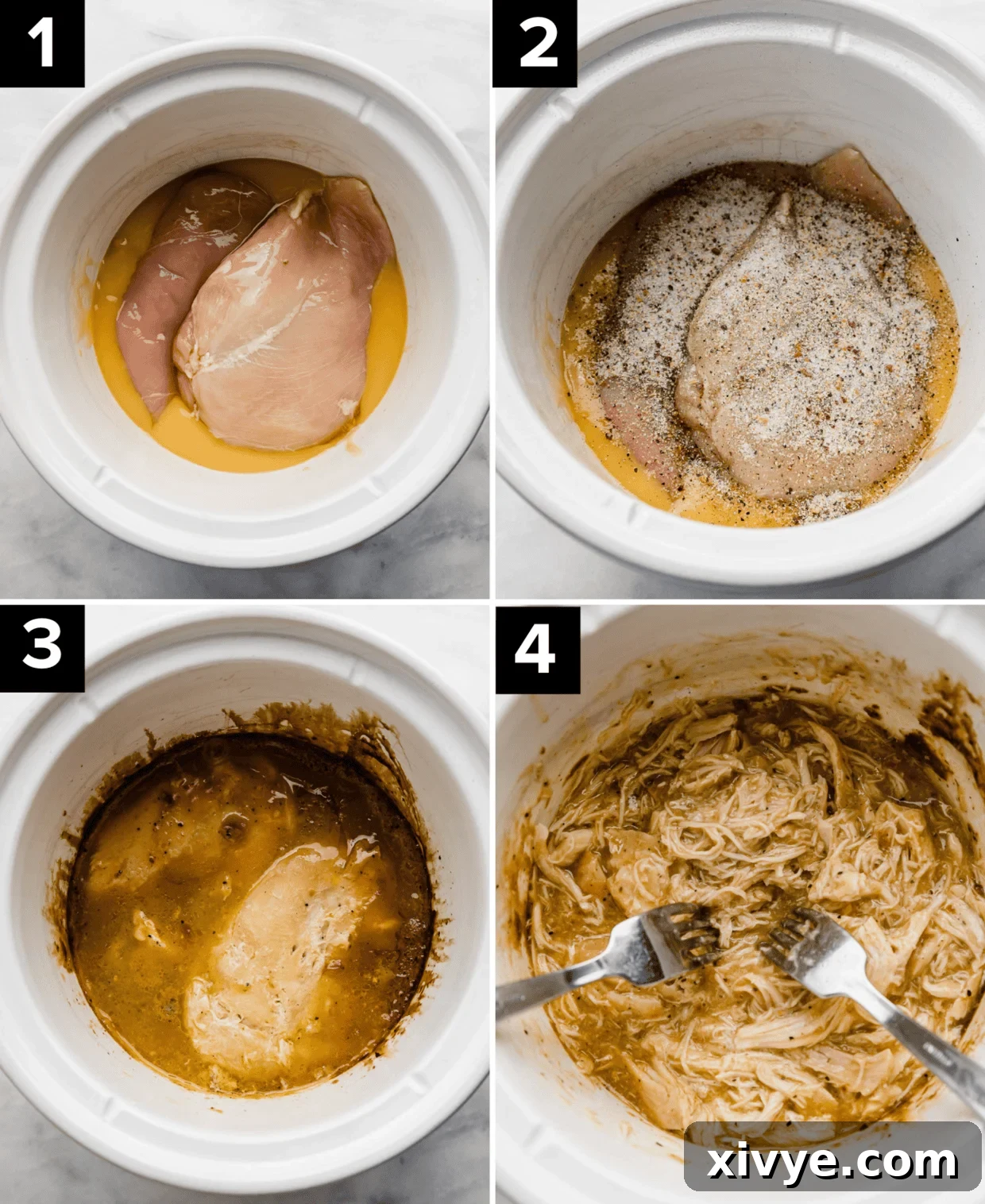 Four sequential photos illustrating the process of making Hawaiian Haystacks in a crockpot. The first image shows raw chicken breasts placed on a base of cream of chicken soup. The second shows Good Seasons Italian dressing mix sprinkled over the chicken. The third image displays the chicken after it has been cooked in the slow cooker. The final image shows the chicken shredded and mixed into the creamy sauce within the crockpot.