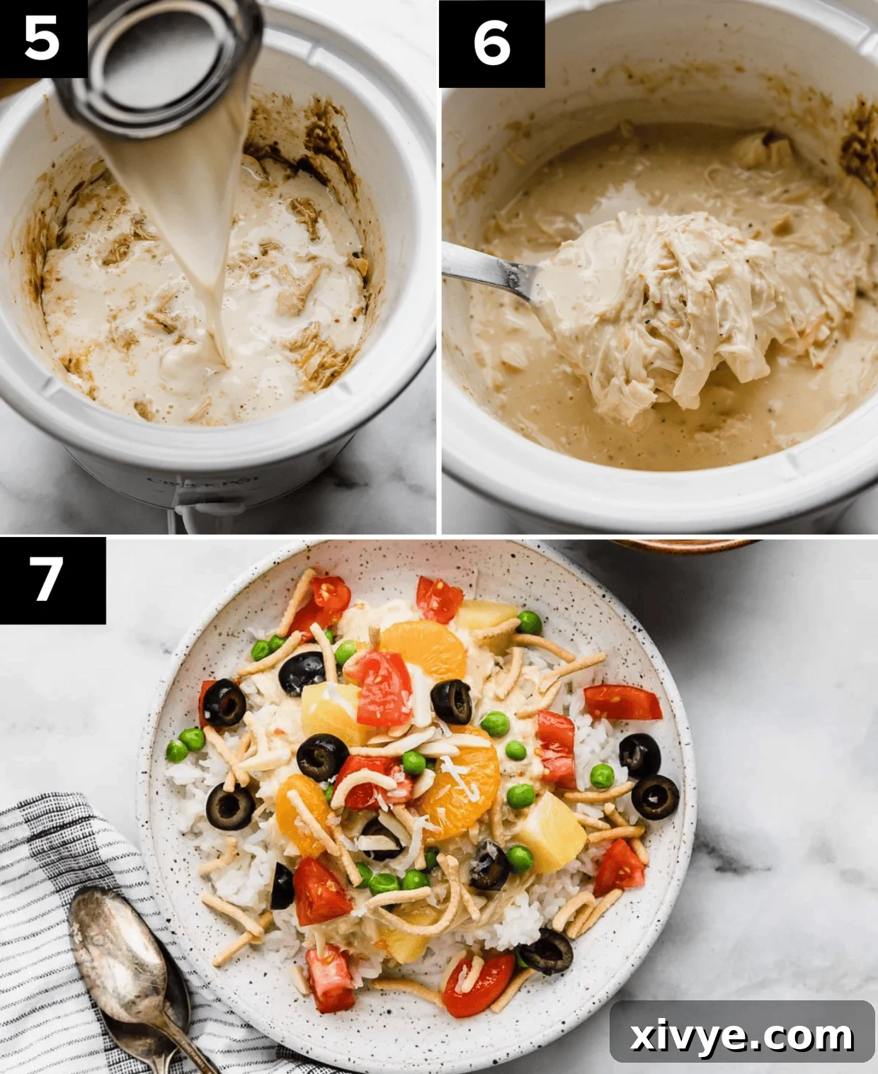 Three photos showcasing Crock Pot Hawaiian Haystacks. The first image depicts the creamy chicken mixture ready in a slow cooker. The subsequent images show the dish on a plate, generously topped with an assortment of Hawaiian Haystacks toppings including vibrant green peas, diced red tomatoes, sliced black olives, and shredded coconut.