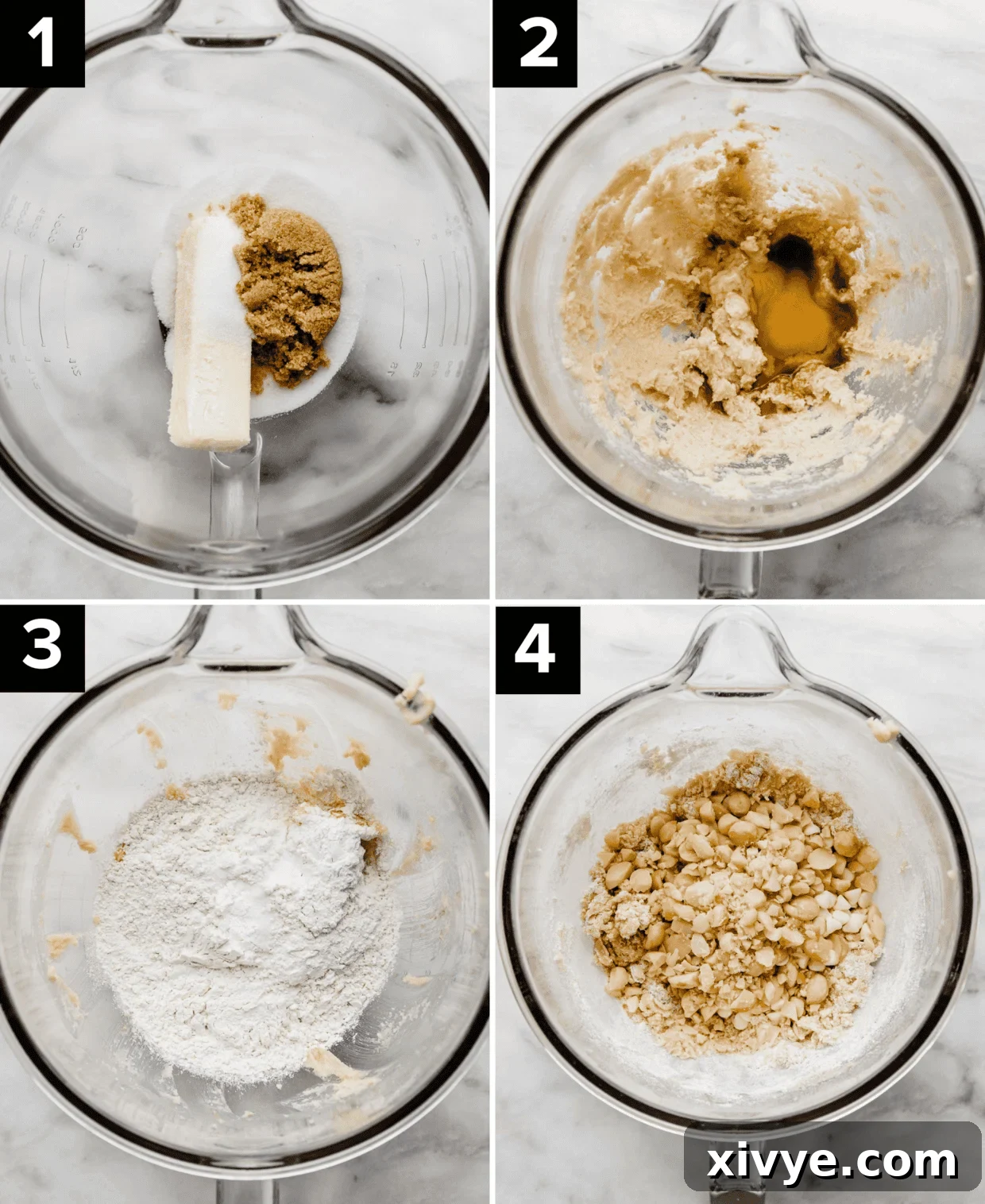 Gourmet White Chocolate Macadamia Treats 4 Four photos showing the process of how to make White Chocolate Macadamia Nut Cookies, each photo has a glass mixing bowl and ingredients are added in each photo: butter and sugar, egg and vanilla, flour, macadamia nuts and white chocolate.