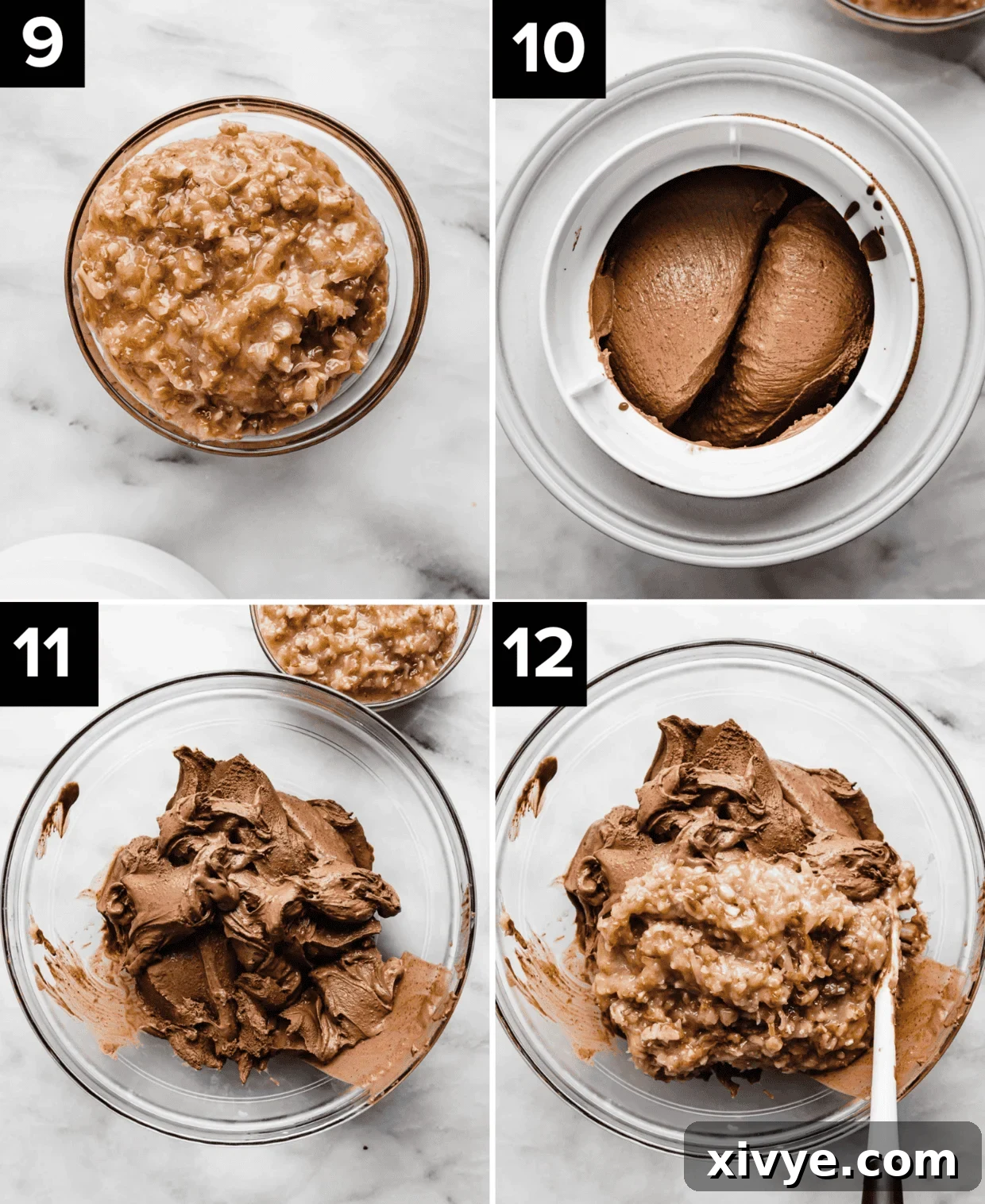 A collage of images showing the process of making German Chocolate ice cream: coconut pecan frosting in a bowl, ice cream churning, churned ice cream, and frosting being added to ice cream.