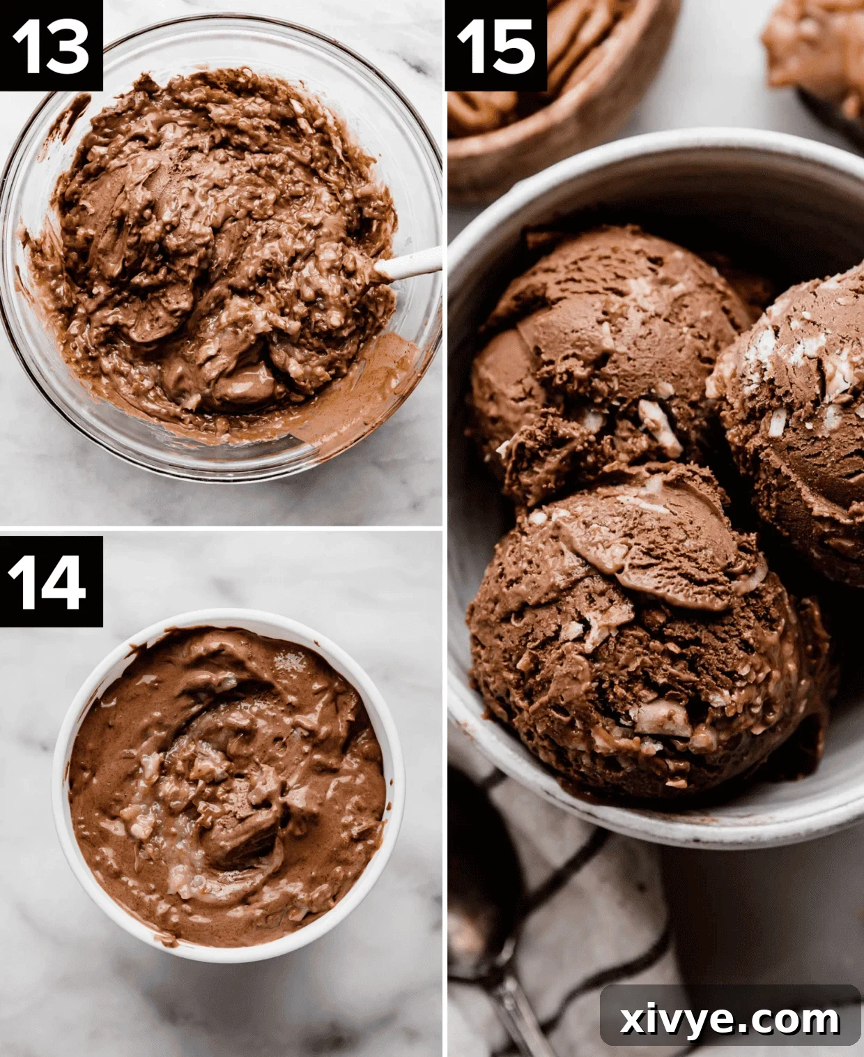 Three photos: coconut pecan frosting stirred into chocolate ice cream, German Chocolate Ice Cream in a white round freezer container, and round scoops of German Chocolate Ice Cream in a white bowl.
