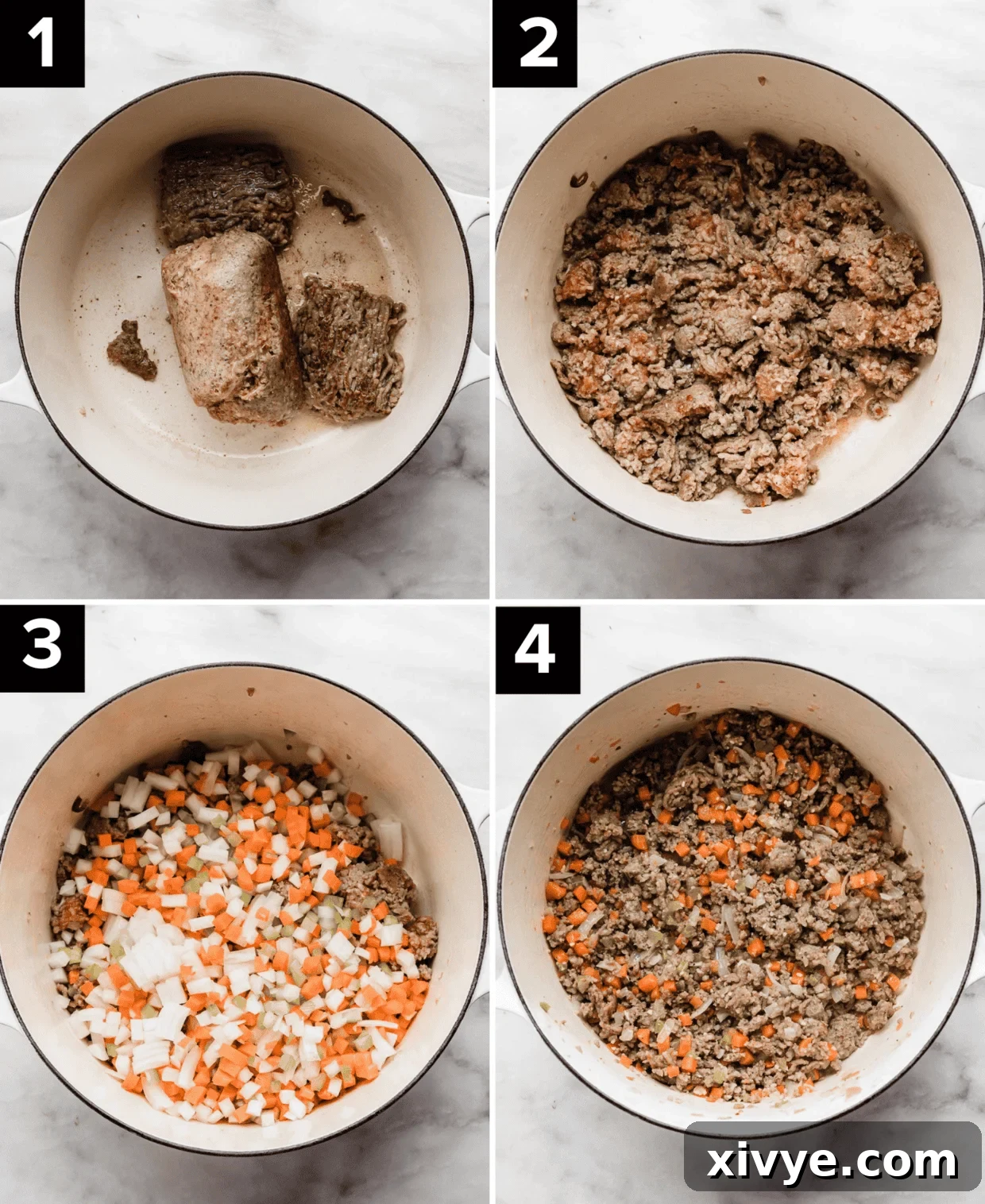 Rustic Sausage Ragu 4 Four photos showing how to make Italian Sausage Ragu, beginning with browning the sausage and adding the soffrito for a rich flavor base.