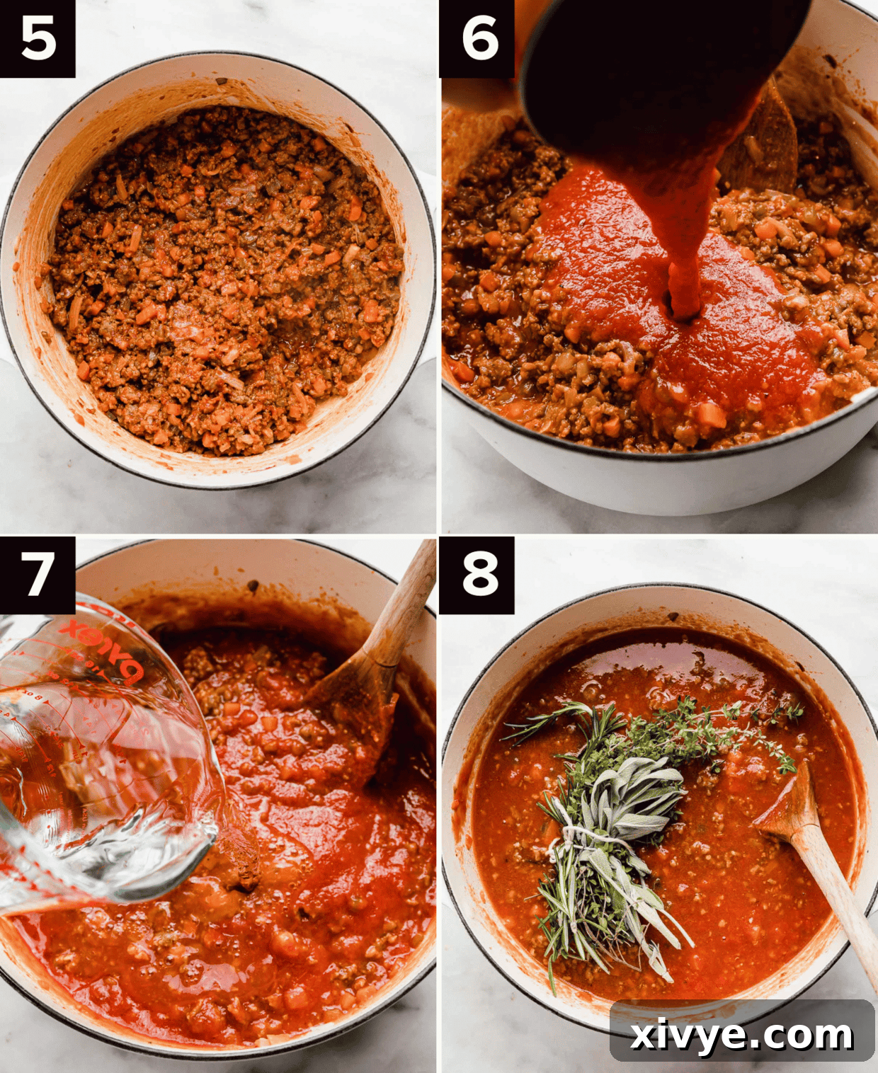 Rustic Sausage Ragu 5 Four photos showing crushed tomatoes and water with fresh herbs added to a Sausage Ragu recipe, progressing the slow-cooking process.