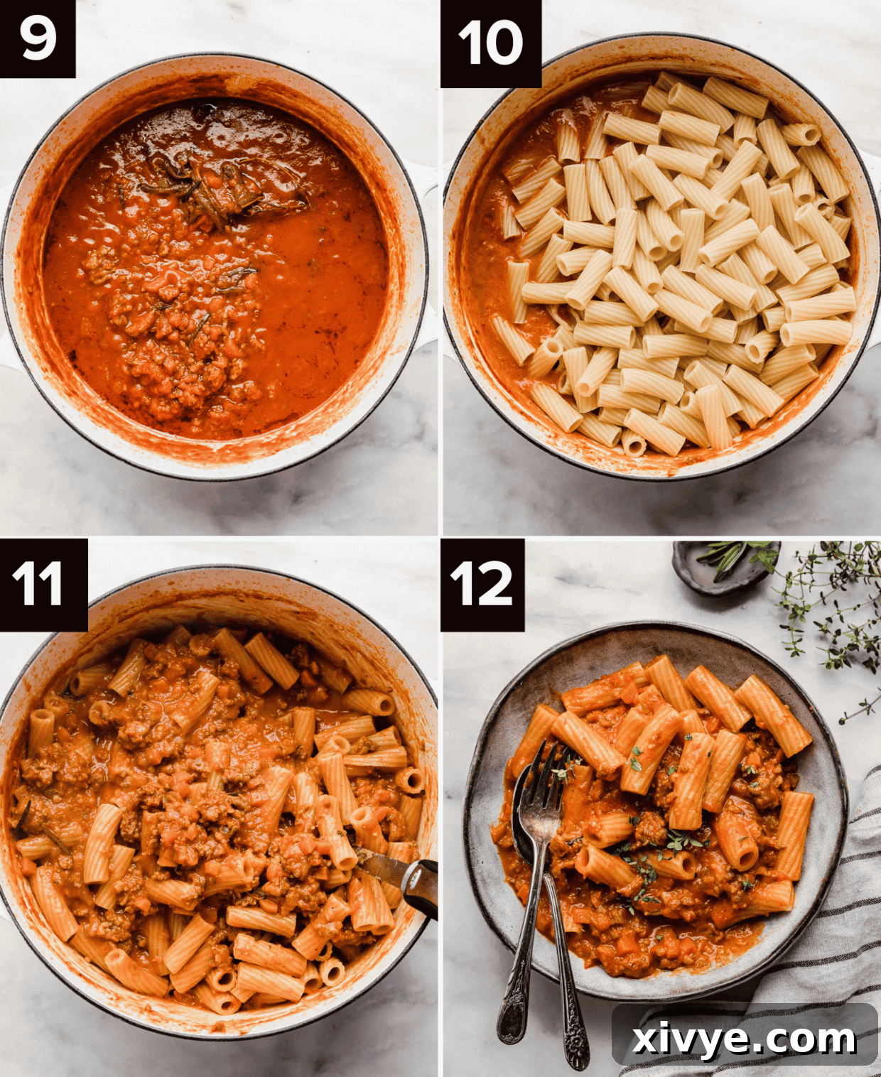Rustic Sausage Ragu 6 Top left photo is Sausage Ragu sauce without noodles in a white pot, top right photo is rigatoni noodles in a red sauce, bottom left photo is Sausage Ragu in a pot, and bottom right photo is Sausage Ragu in a gray bowl, showcasing the finished dish.