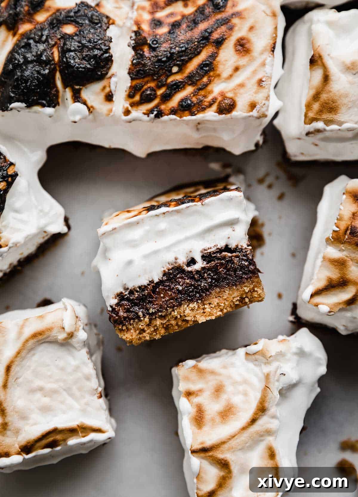 Gooey Campfire Brownies 2 S'mores Brownies cut into squares, with one S'more brownie on its side showcasing the graham cracker crust, fudgy brownie, and homemade toasted marshmallow cream topping. A perfect layered s'mores dessert.