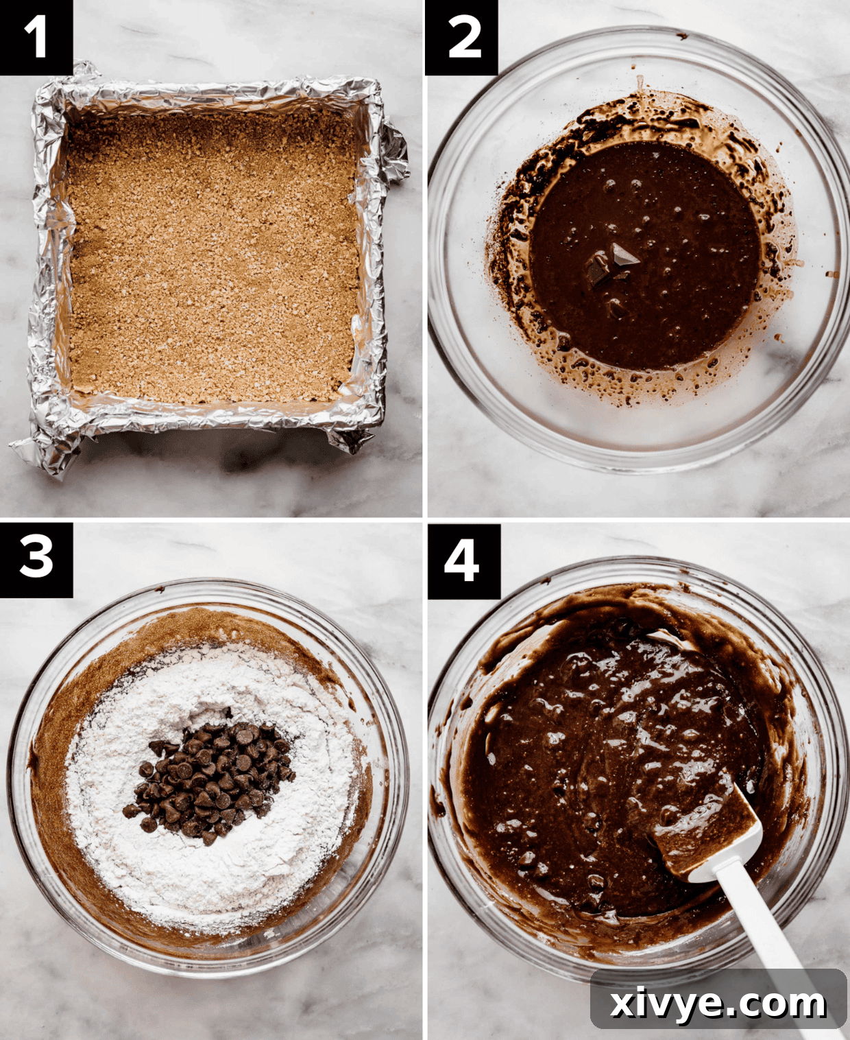 Gooey Campfire Brownies 5 Top left photo is graham cracker crust in a square pan, top right is melted chocolate mixture in glass bowl, bottom left is brownie batter with flour poured overtop, bottom right photo is homemade brownie batter in a glass bowl.