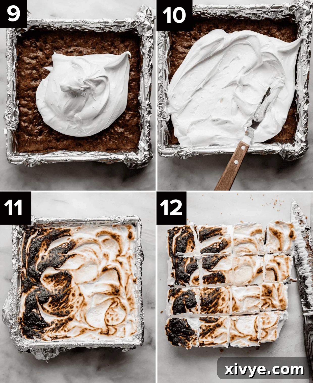 Gooey Campfire Brownies 7 Four photos showing how to make S'mores Brownies: top left is baked brownies in a square pan with homemade marshmallow fluff on top, top right is a spatula spreading marshmallow fluff on top of baked brownies, bottom left and right images are S'mores Brownies with toasted marshmallow cream topping.