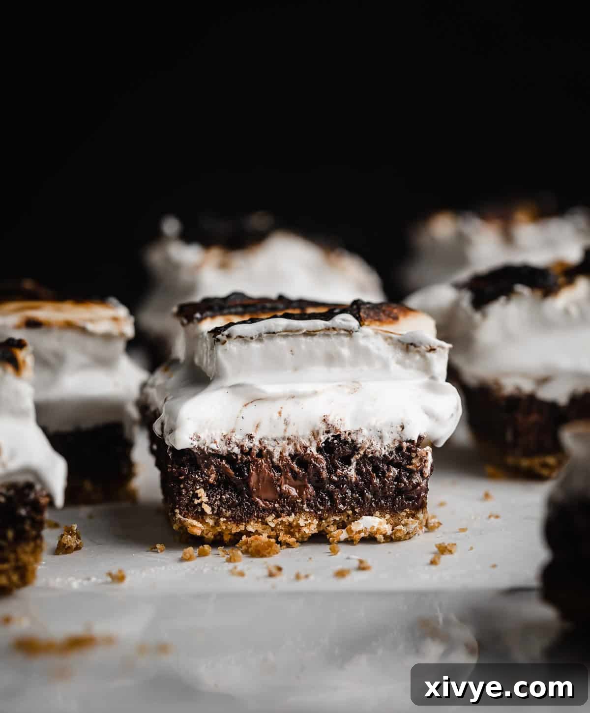 Gooey Campfire Brownies 9 The best S'mores Brownies ever, cut into squares on a white marble surface against a black background, inviting you to take a bite.