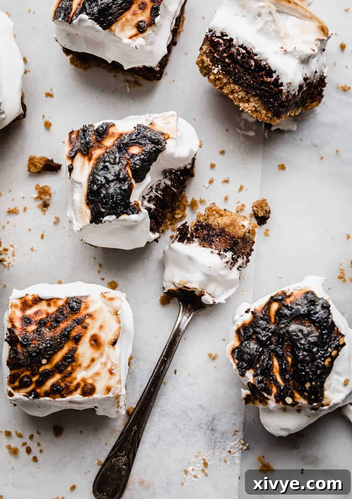 Gooey Campfire Brownies 10 The best S'mores Brownies recipe from scratch cut into squares, with a fork cutting into the S'mores Brownie, highlighting its gooey texture.