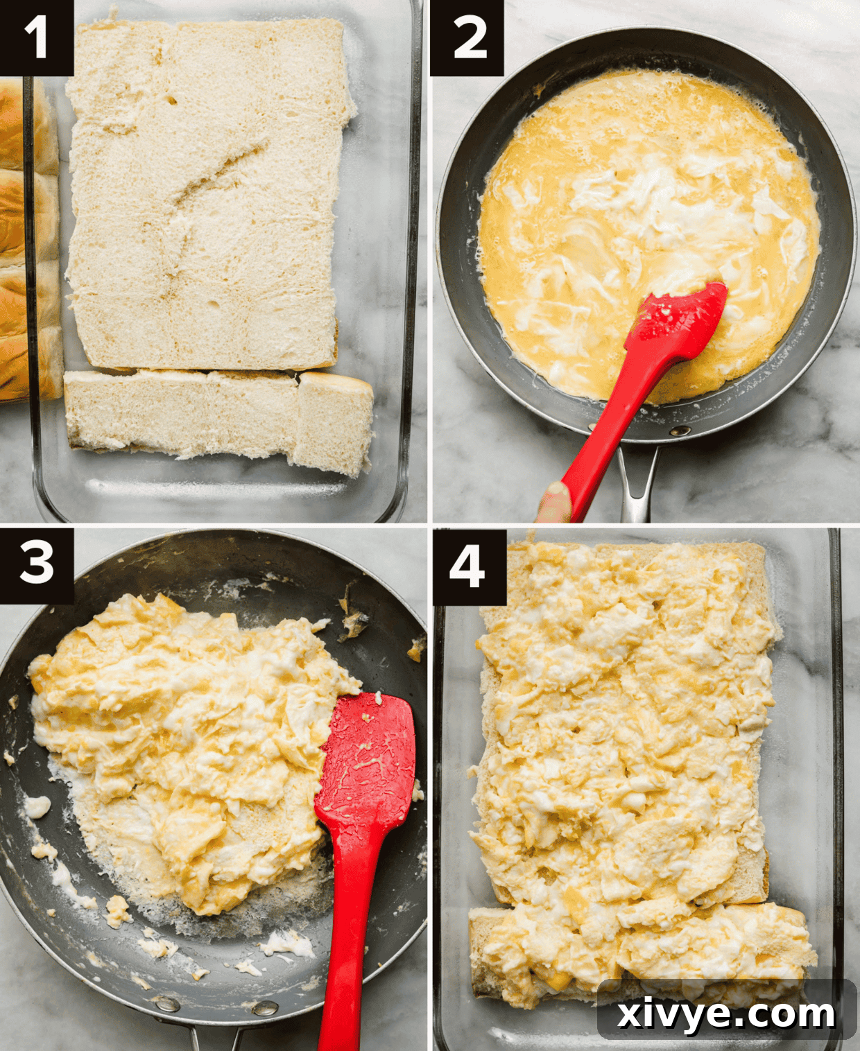 Four photos showing how to make the best Breakfast Sliders recipe: top left photo is Hawaiian rolls cut in half in a baking pan, top right is eggs in a pan, bottom left is scrambled eggs in a pan, bottom right photo is scrambled eggs atop rolls.