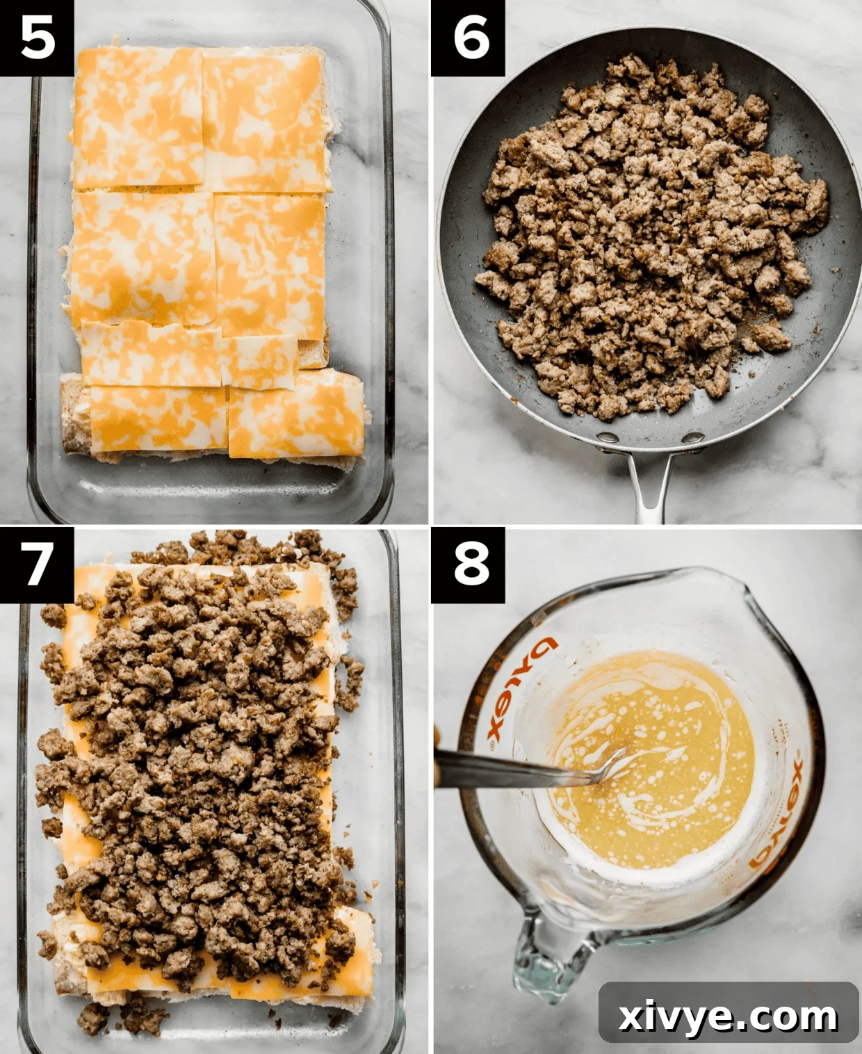 How to make Breakfast Sliders: top left photo is Colby jack cheese overtop scrambled eggs on Hawaiian rolls in a glass baking pan, top right is browned sausage in a pan, bottom left photo shows browned sausage atop cheese, bottom right is melted butter and maple syrup in a glass cup.