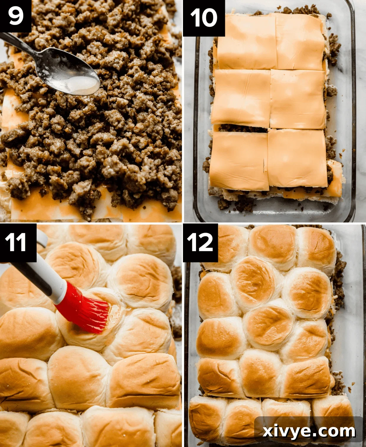 Four pictures showing how to make Hawaiian Roll Breakfast Sliders recipe, with maple syrup drizzled over sausage, cheese atop the sausage and then the roll tops placed over the cheese.