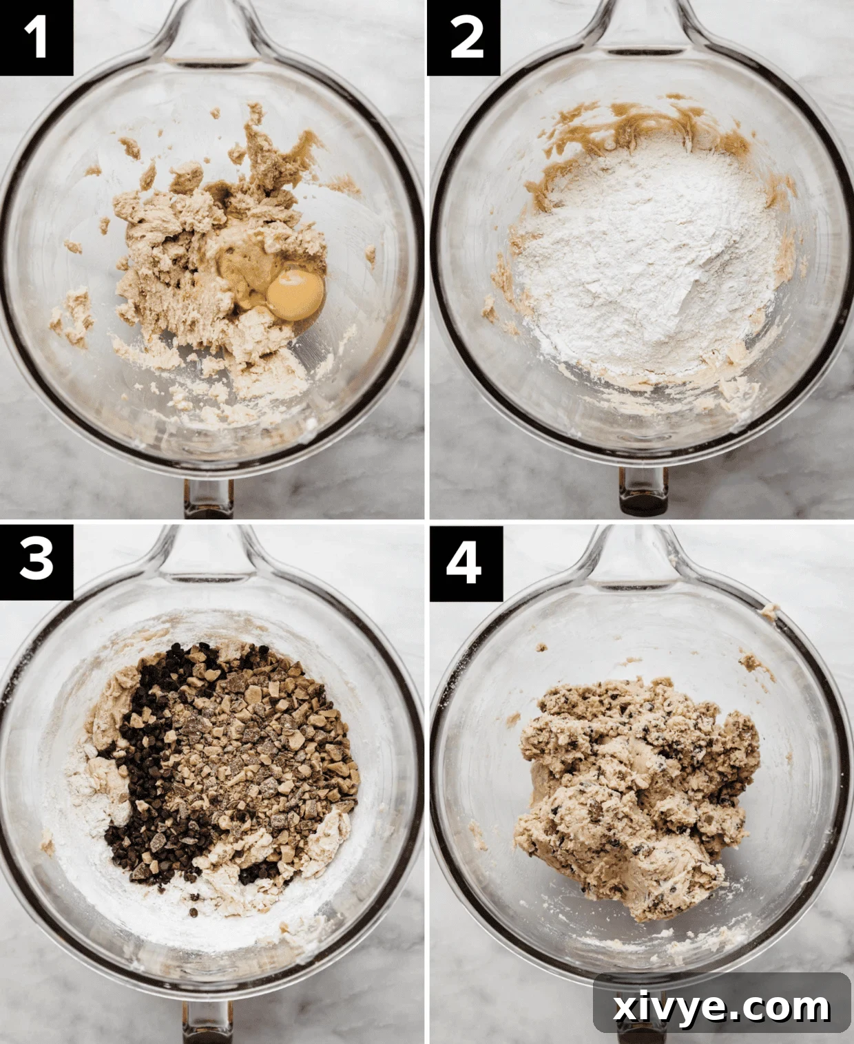 Toffee Crunch Cookies 4 Four photos showing the process of how to make Heath Bar Cookies within each photo is a glass mixing bowl and the addition of eggs, flour, chocolate chips and Heath bits.